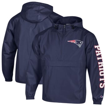 Men's Champion Navy New England Patriots Packable Hooded Windbreaker Half-Zip Jacket