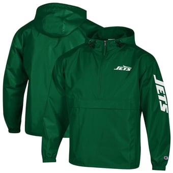 Men's Champion Green New York Jets Packable Hooded Windbreaker Half-Zip Jacket