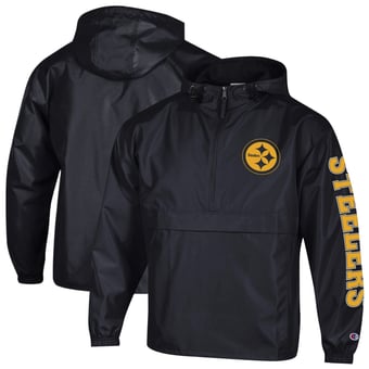Men's Champion Black Pittsburgh Steelers Packable Hooded Windbreaker Half-Zip Jacket