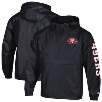 Men's Champion Black San Francisco 49ers Packable Hooded Windbreaker Half-Zip Jacket