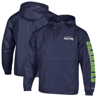 Men's Champion College Navy Seattle Seahawks Packable Hooded Windbreaker Half-Zip Jacket