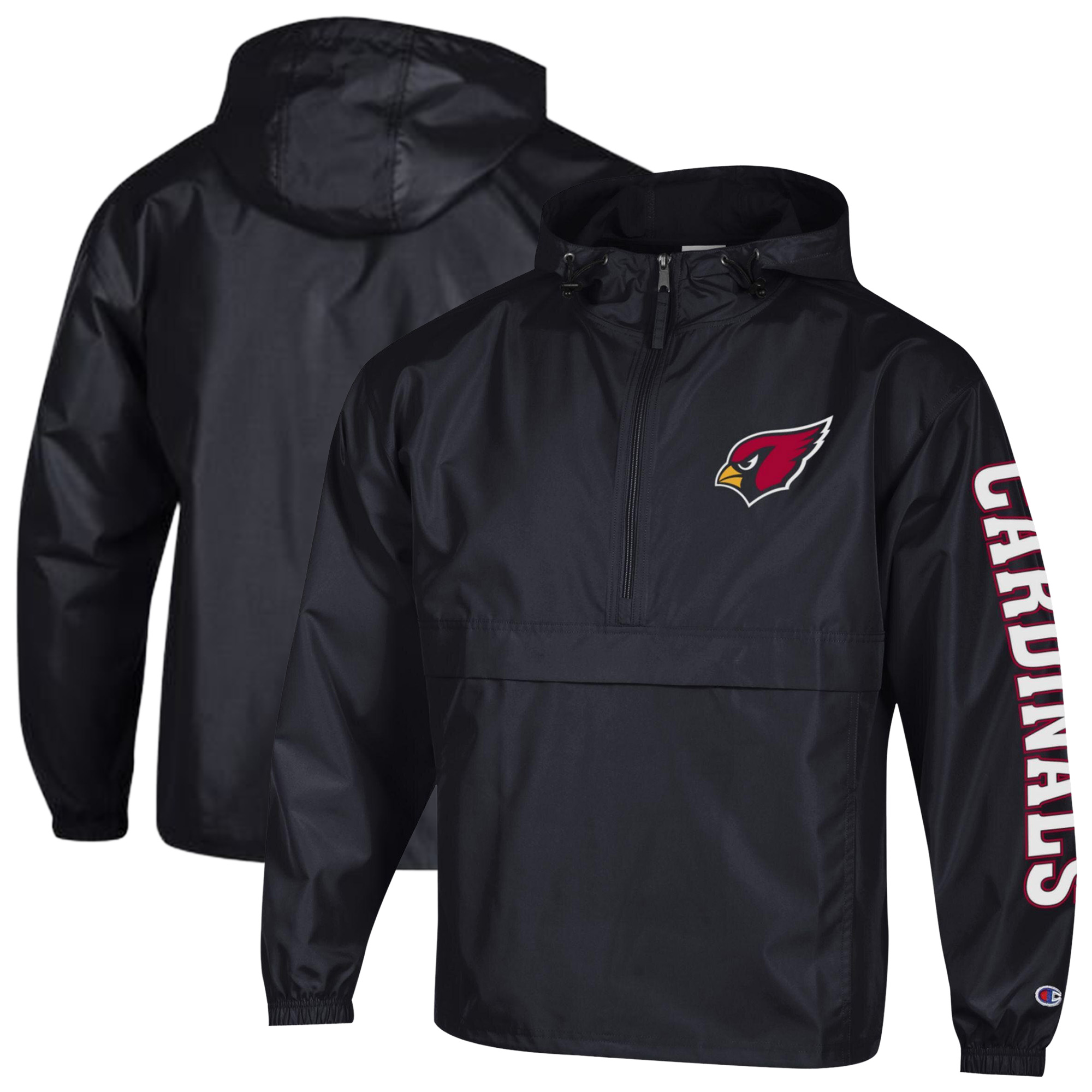 Men's Champion Black Arizona Cardinals Packable Hooded Windbreaker Half-Zip Jacket