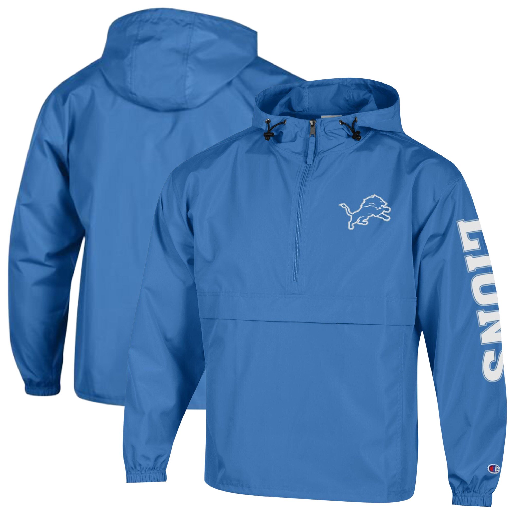 Men's Champion Blue Detroit Lions Packable Hooded Windbreaker Half-Zip Jacket