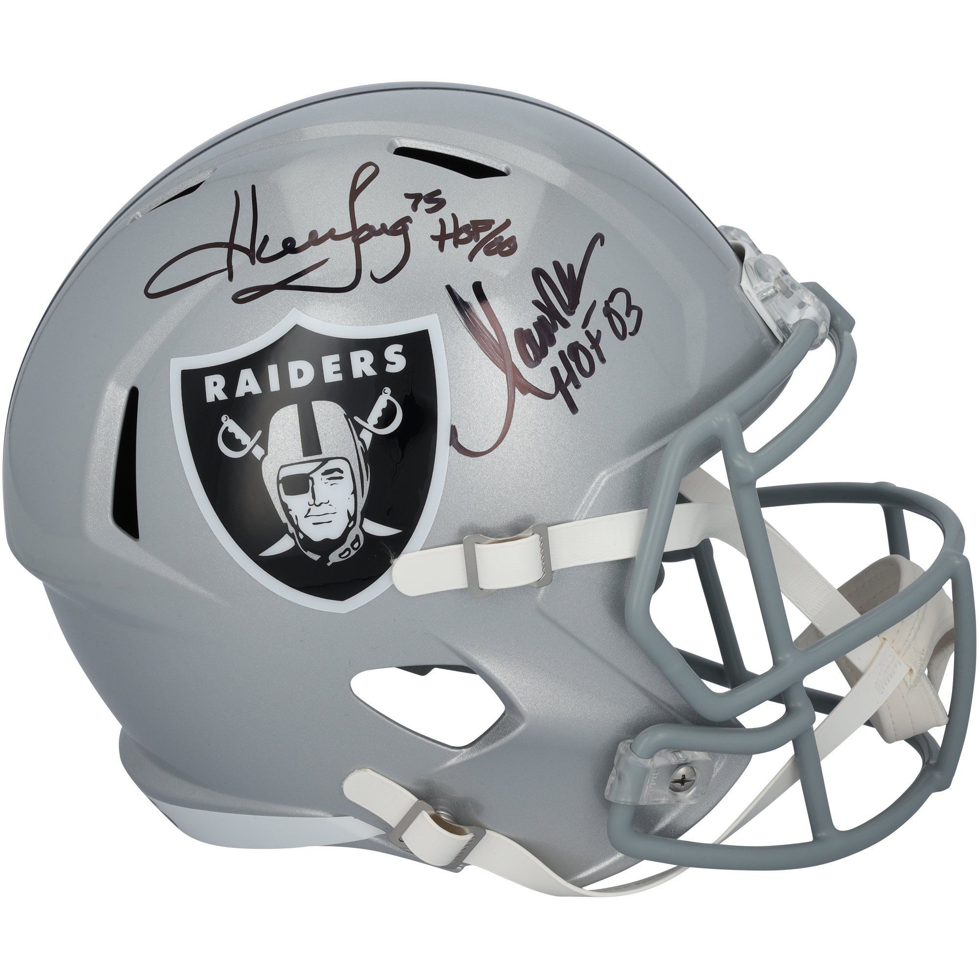 Casco replica Riddell Speed ​​autografato da Marcus Allen e Howie Long dei Los Angeles Raiders con le iscrizioni "HOF 03" e "HOF 00"