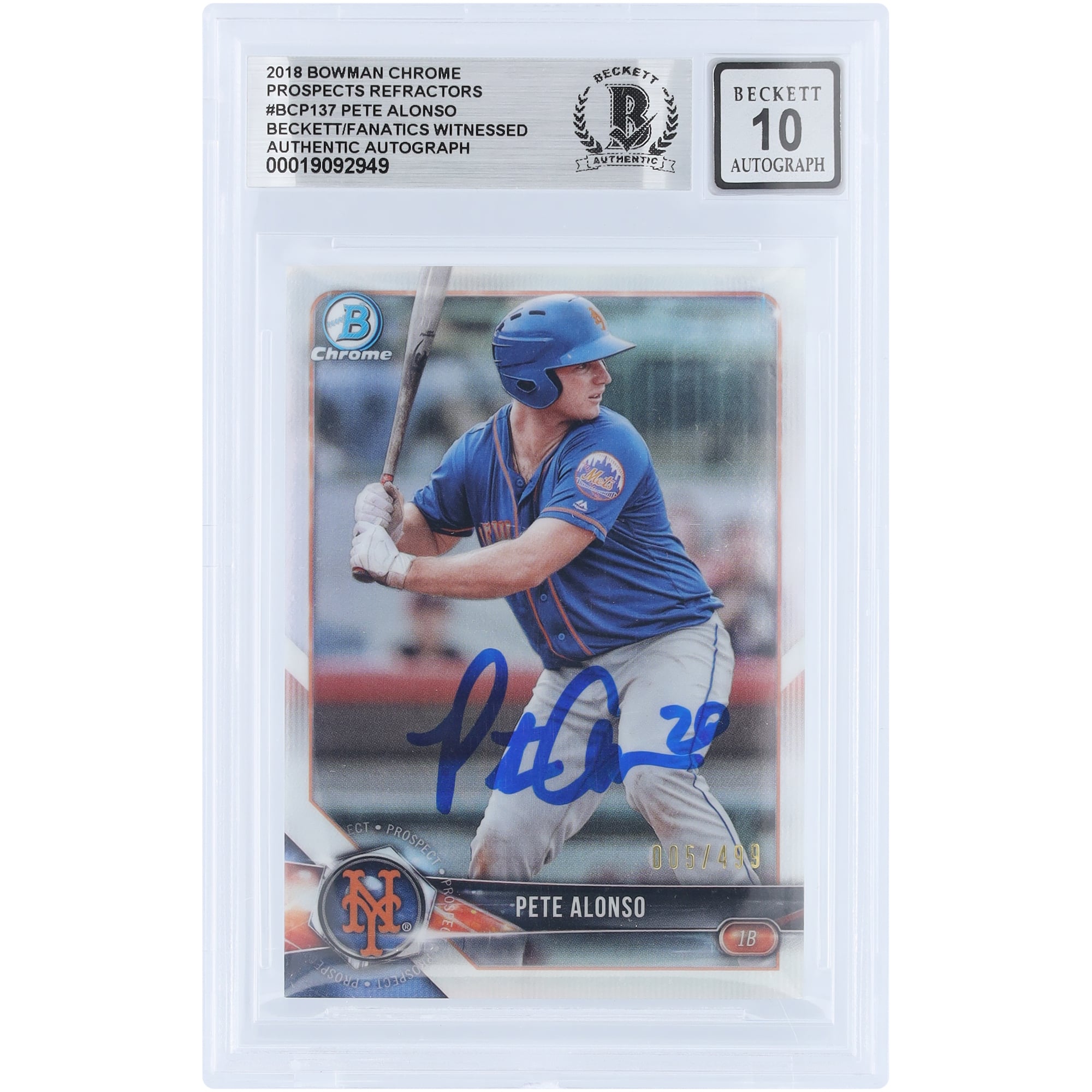 Pete Alonso New York Mets Autographed 2018 Bowman Chrome Prospects Refractor #BCP137 #/499 Beckett Fanatics Witnessed Authenticated 10 Card