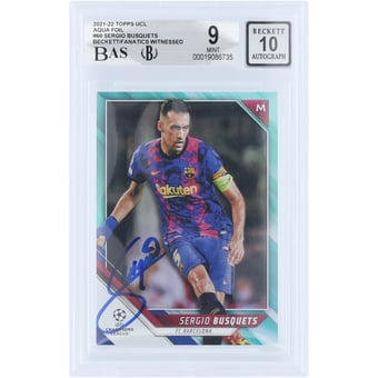 Sergio Busquets Barcelona Autographed 2021-22 Topps UEFA CL Aqua Foil #60 #/299 Beckett Fanatics Witnessed Authenticated 9/10 Card