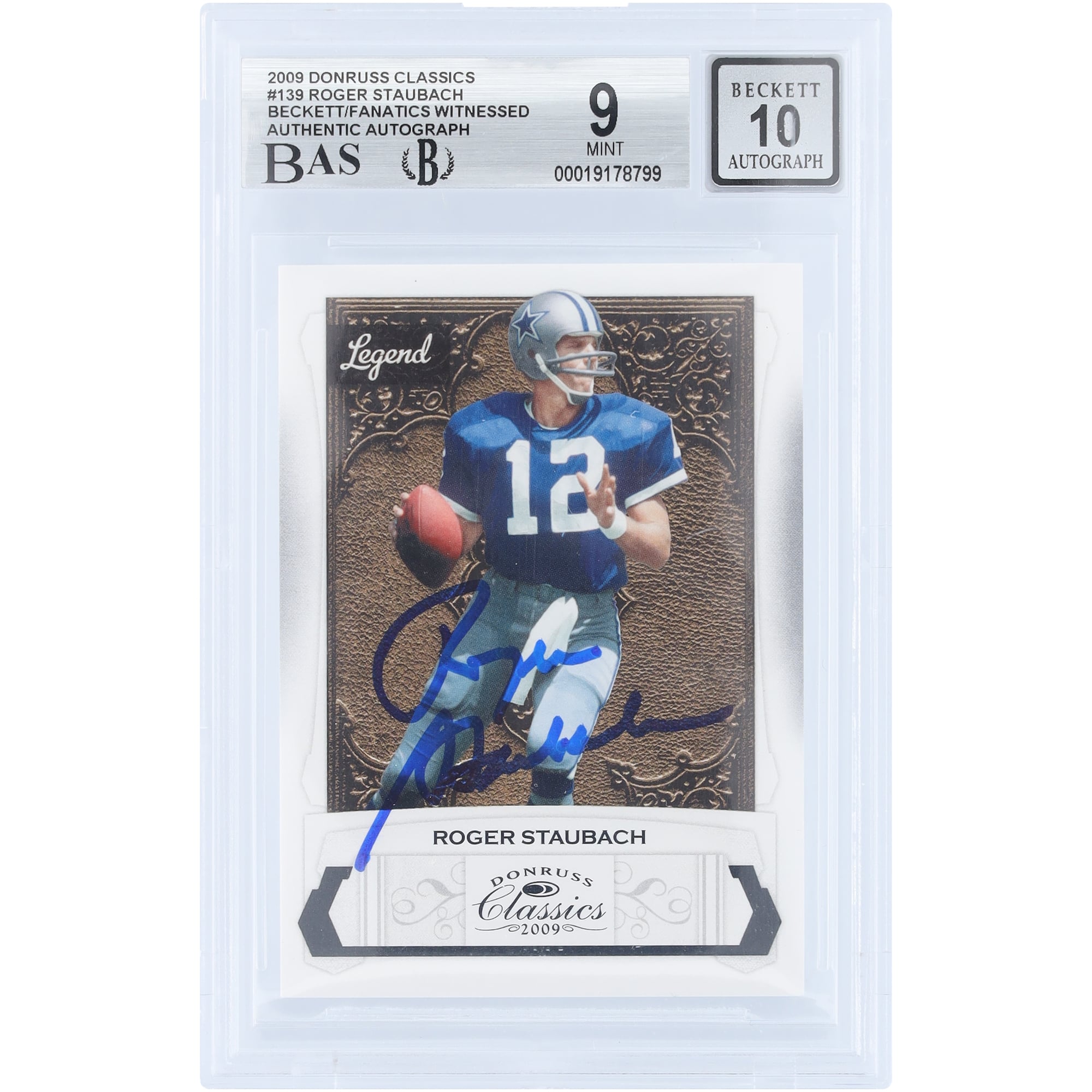 Roger Staubach Dallas Cowboys Autographed 2009 Donruss Classics #139 #/999 Beckett Fanatics Witnessed Authenticated 9/10 Card. rookie card picture