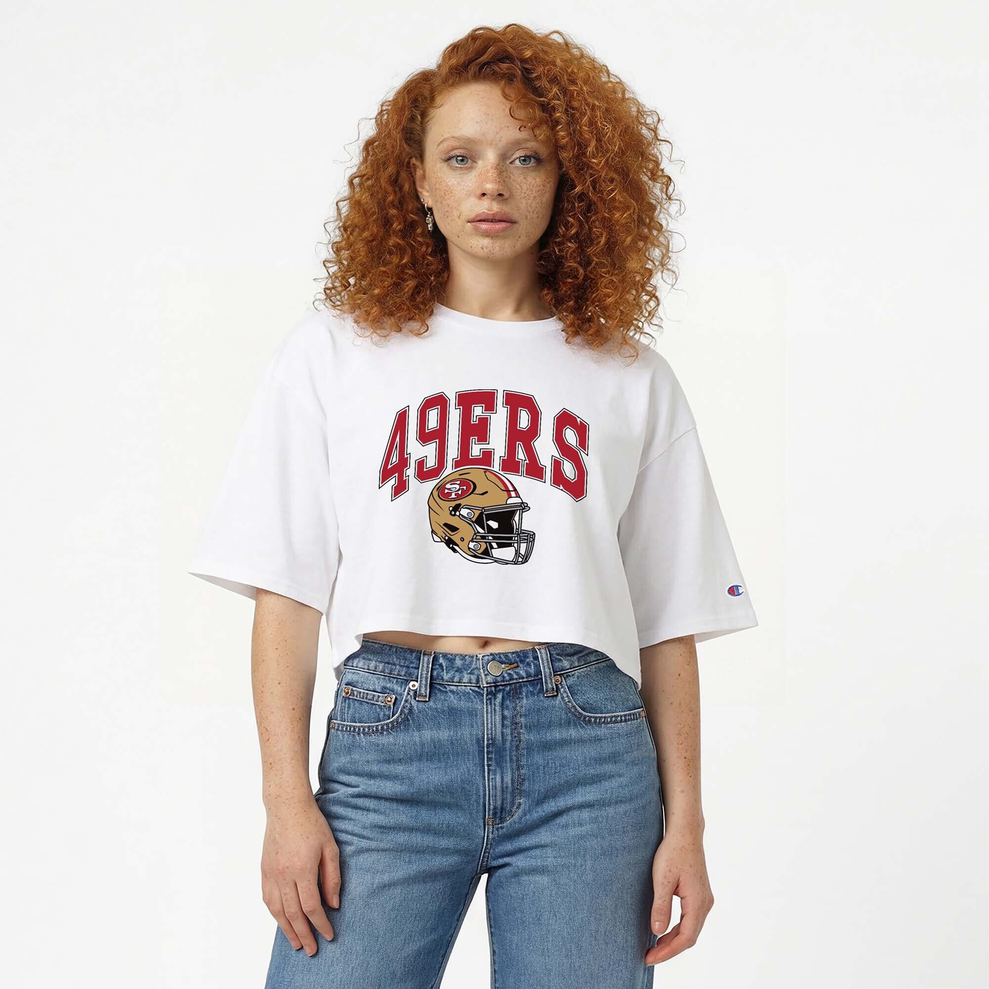 Women's Champion  White San Francisco 49ers Boyfriend Cropped T-Shirt