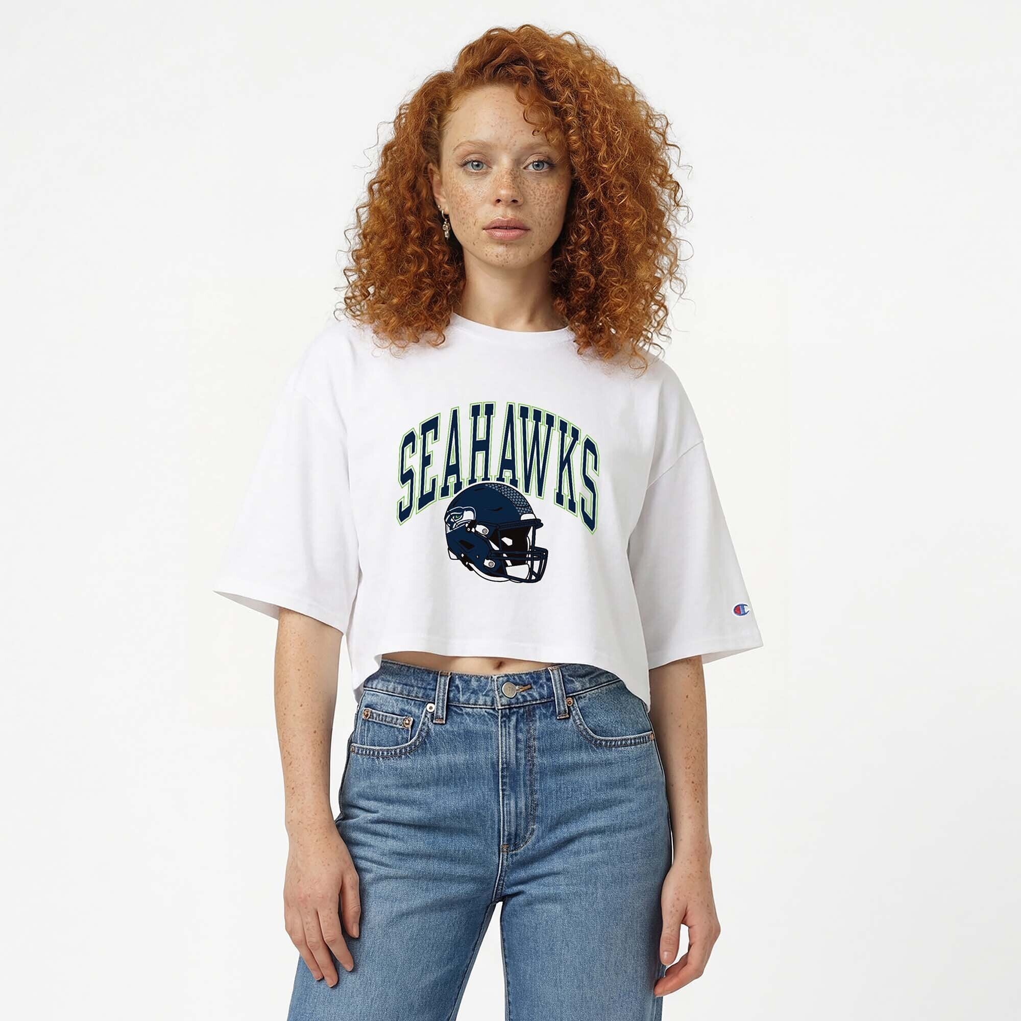 Women's Champion  White Seattle Seahawks Boyfriend Cropped T-Shirt