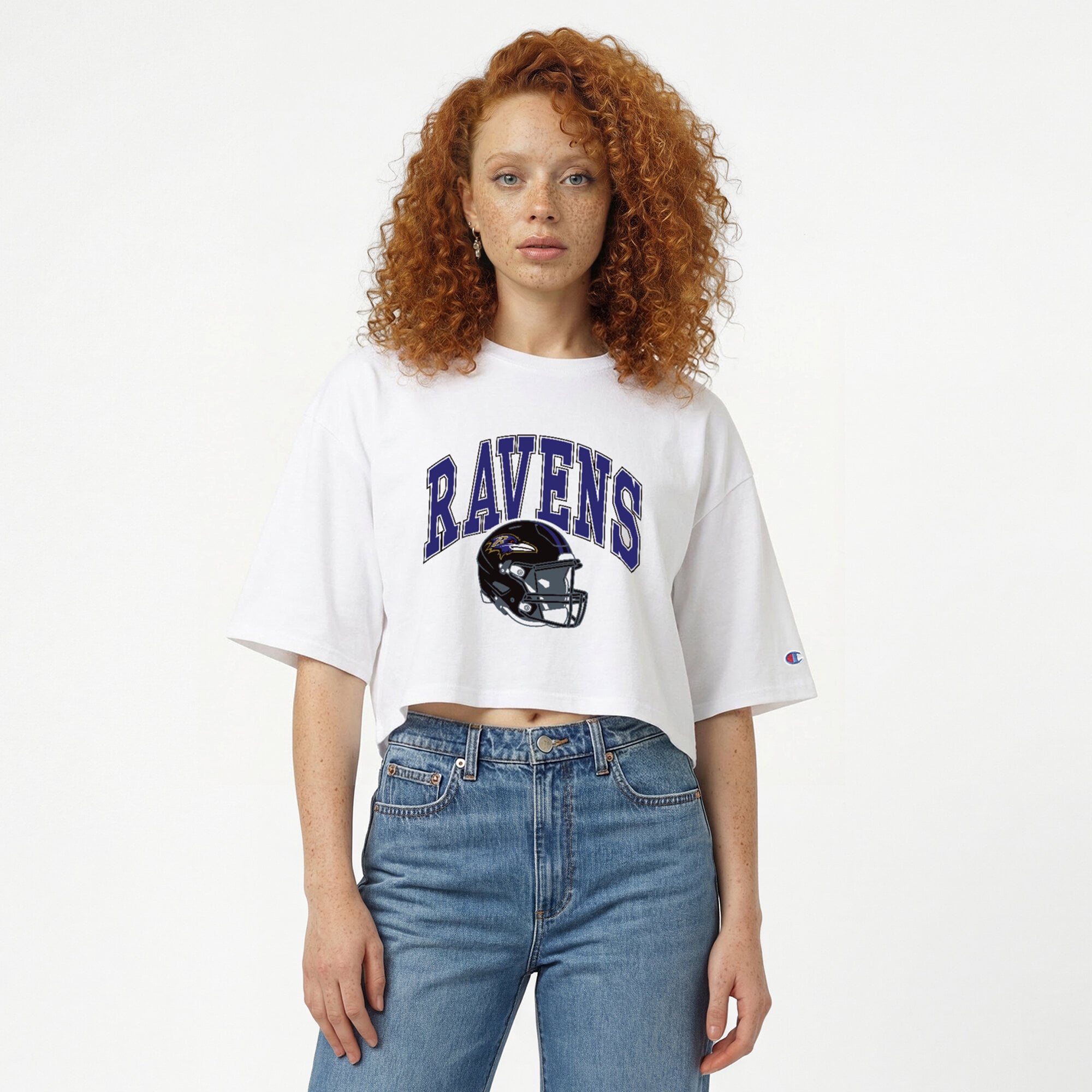 Women's Champion White Baltimore Ravens Boyfriend Cropped T-Shirt