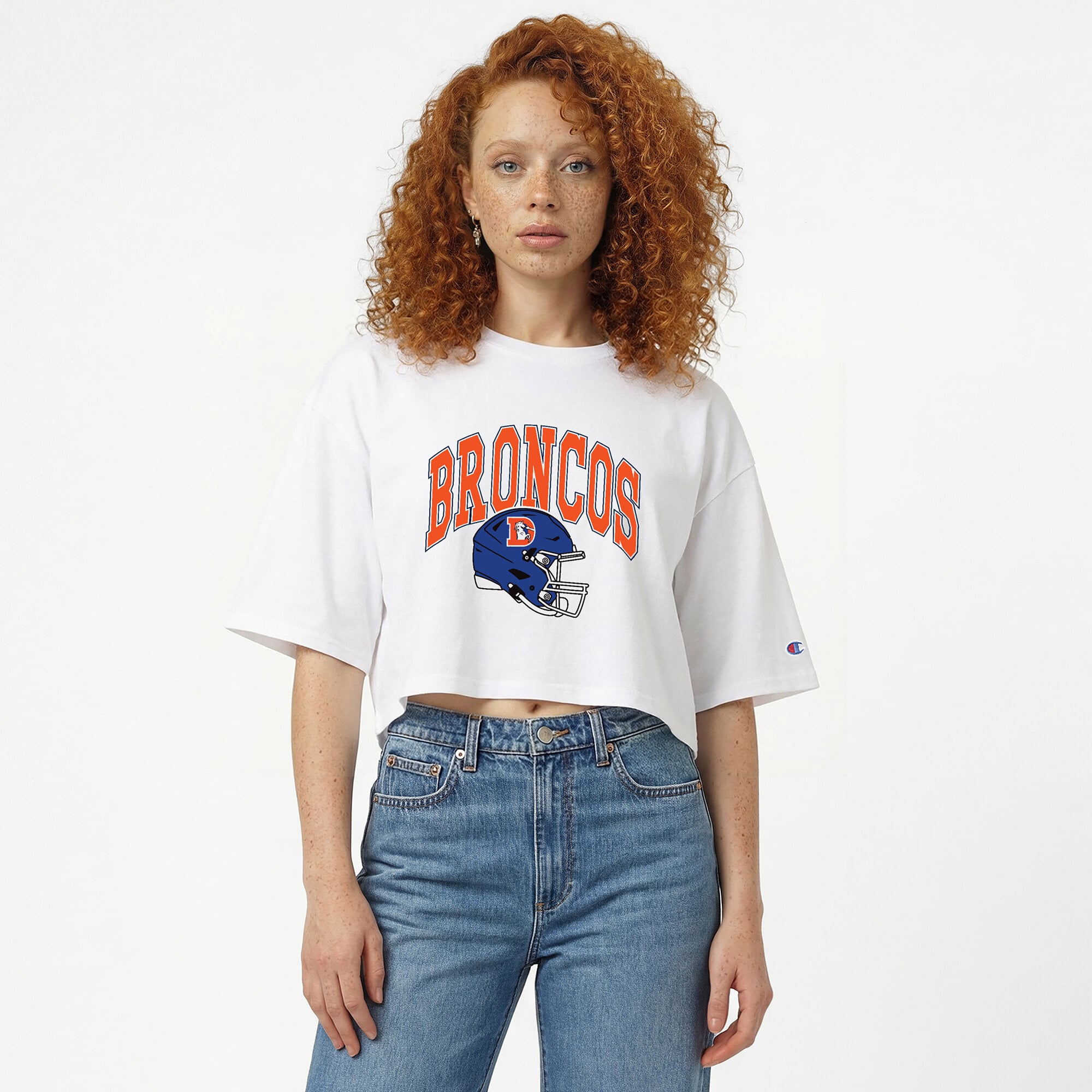 Women's Champion White Denver Broncos Boyfriend Cropped T-Shirt