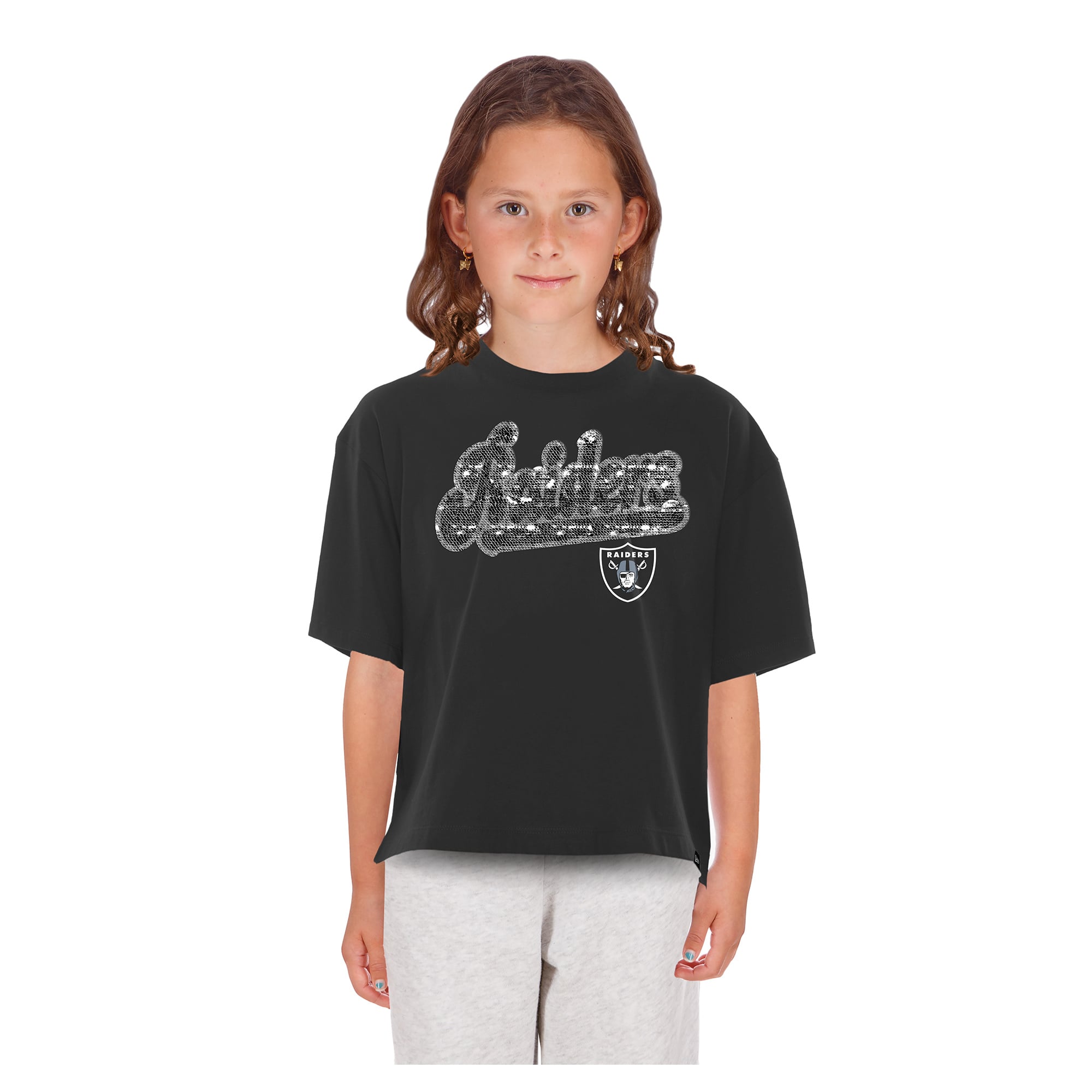 Girls Youth New Era  Black Las Vegas Raiders Flip Sequin Boxy T-Shirt