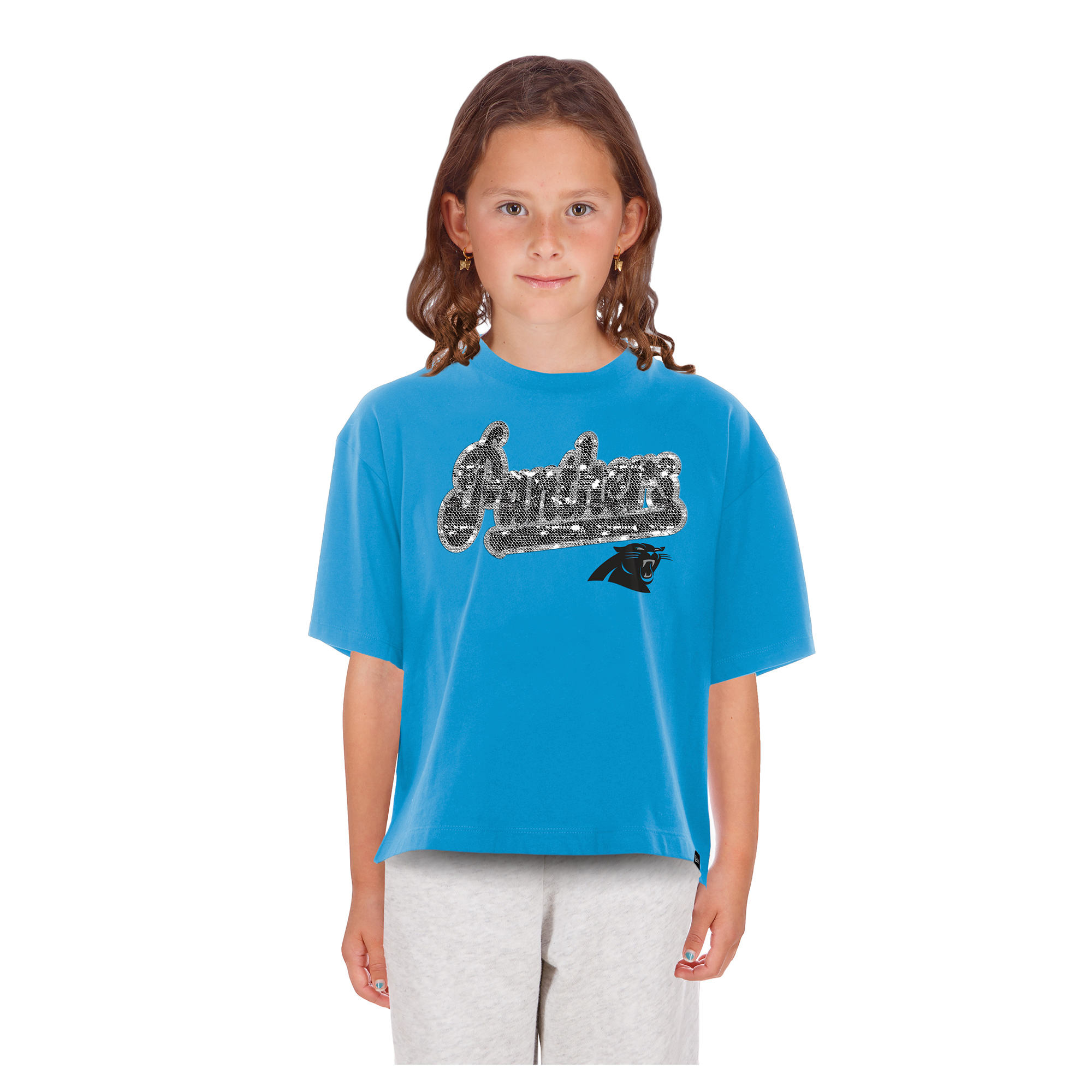 Girls Youth New Era  Blue Carolina Panthers Flip Sequin Boxy T-Shirt