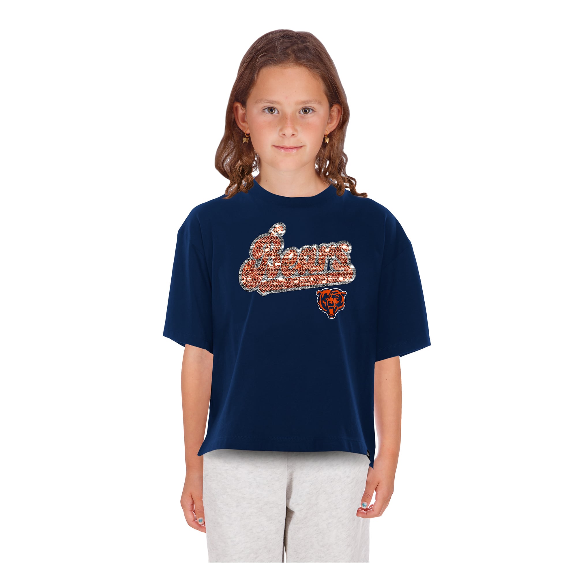 Girls Youth New Era Navy Chicago Bears Flip Sequin Boxy T-Shirt