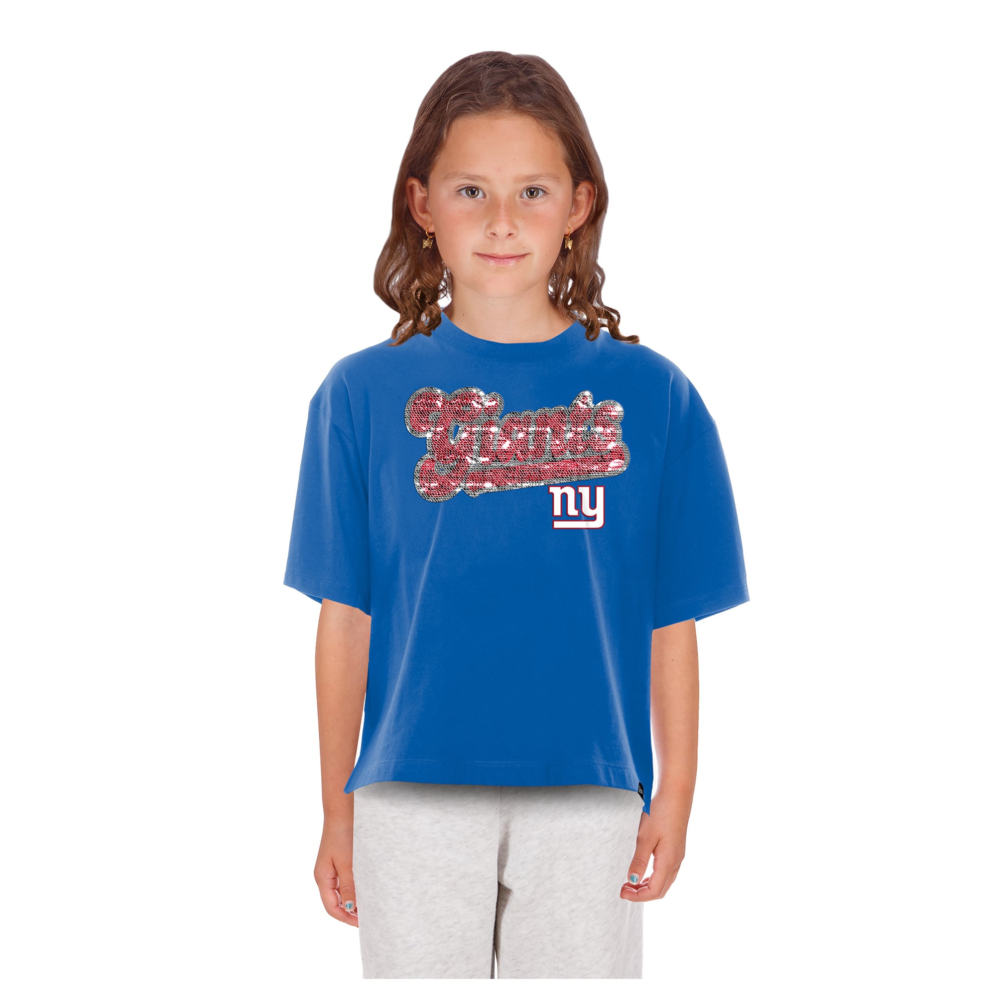 Girls Youth New Era Royal New York Giants Flip Sequin Boxy T-Shirt