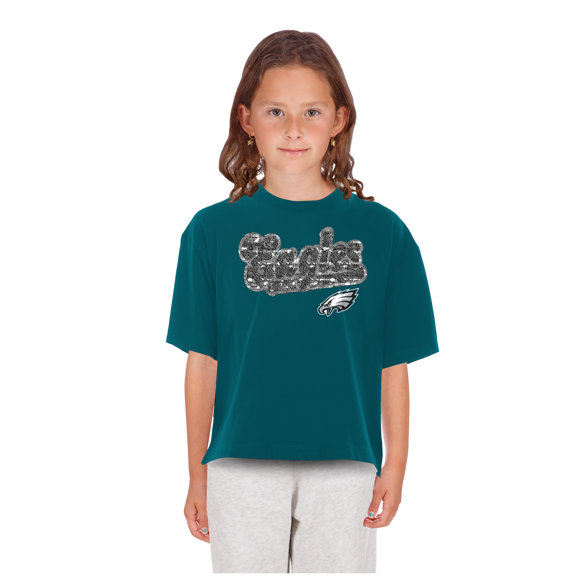 Girls Youth New Era Midnight Green Philadelphia Eagles Flip Sequin Boxy T-Shirt