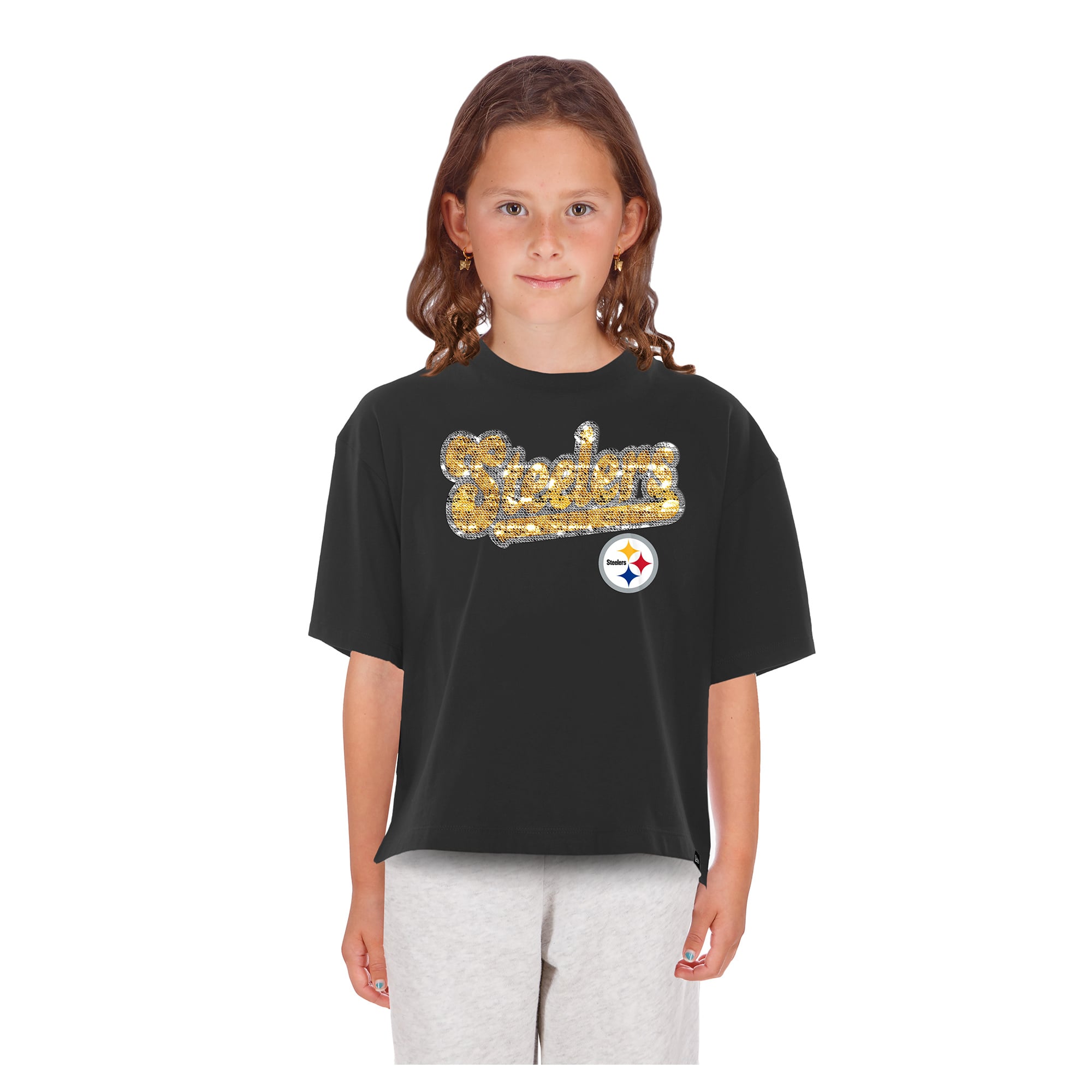 Girls Youth New Era  Black Pittsburgh Steelers Flip Sequin Boxy T-Shirt