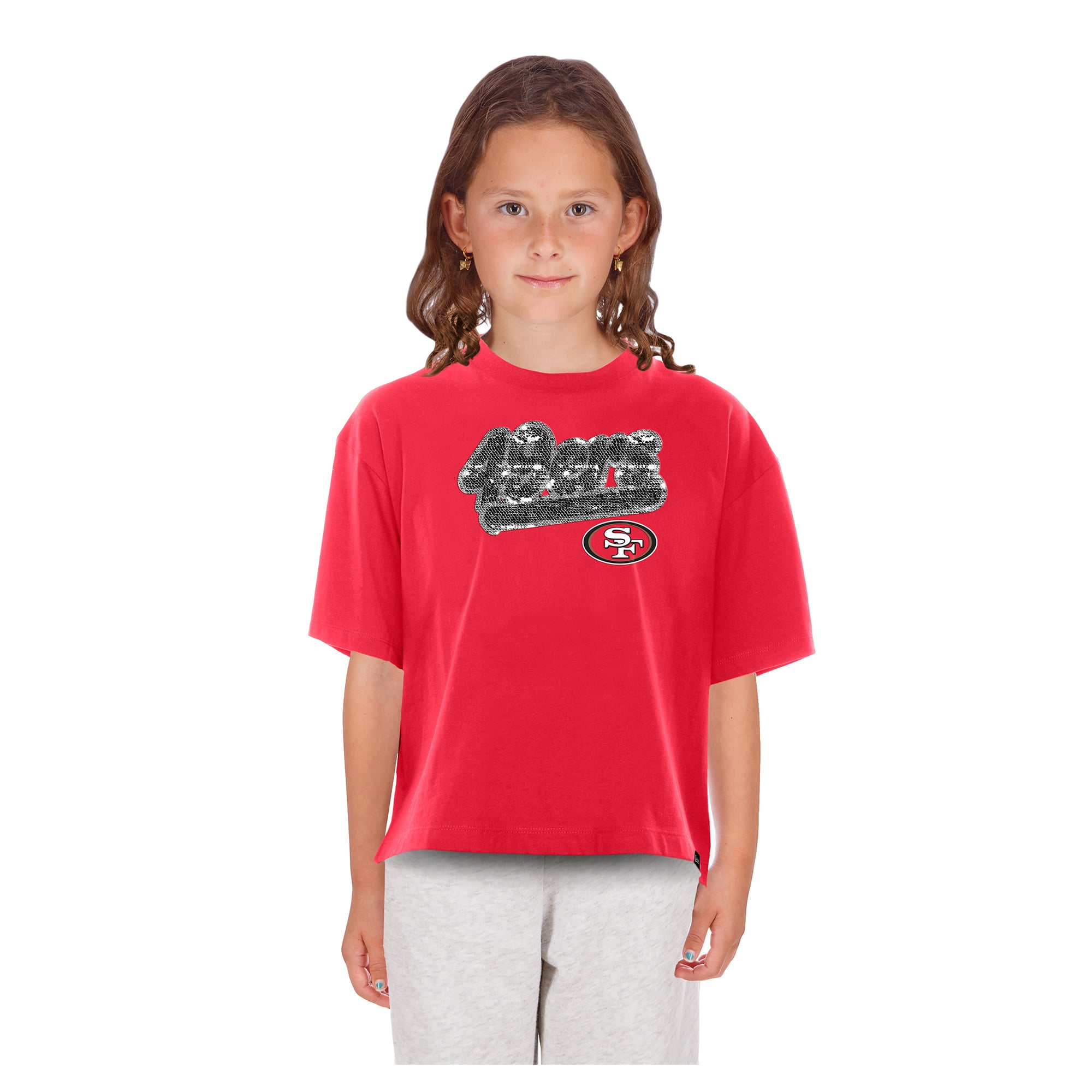Girls Youth New Era  Scarlet San Francisco 49ers Flip Sequin Boxy T-Shirt