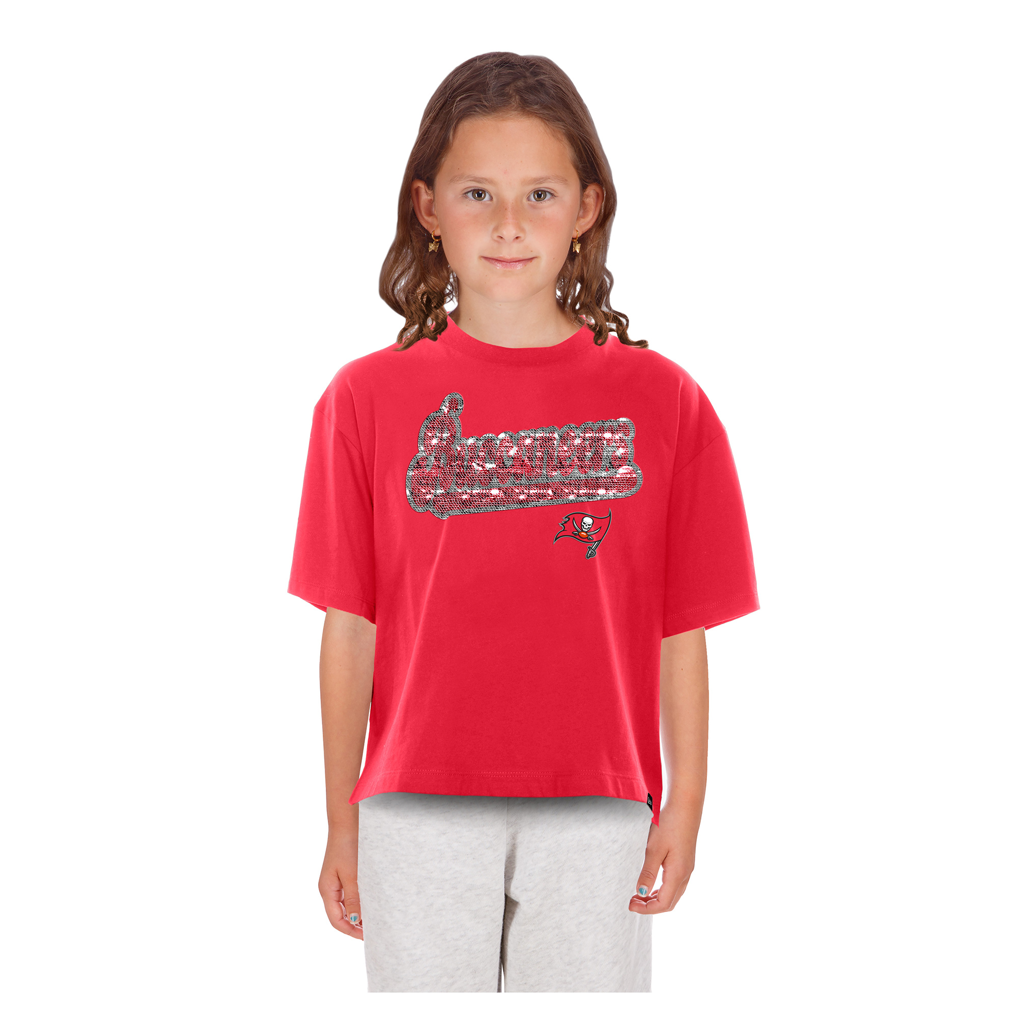 Girls Youth New Era  Red Tampa Bay Buccaneers Flip Sequin Boxy T-Shirt
