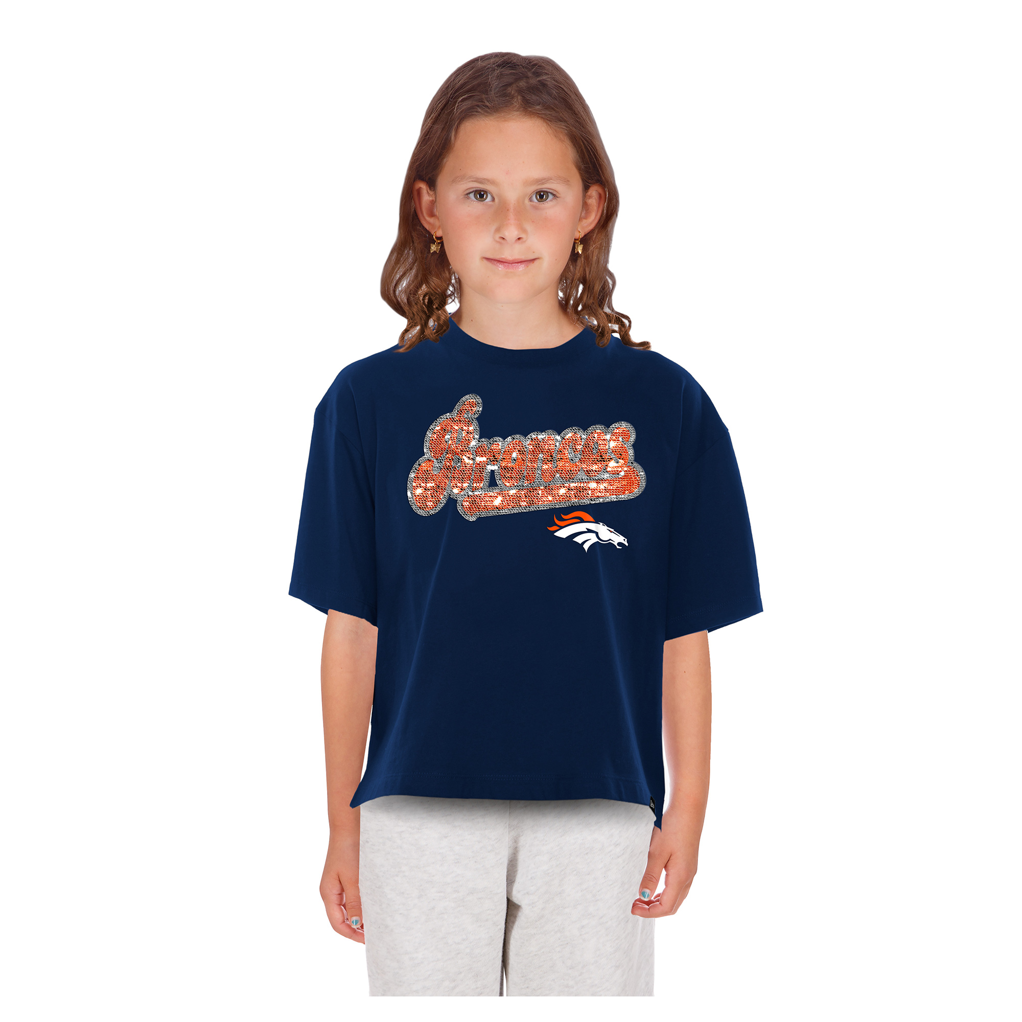 Girls Youth New Era Navy Denver Broncos Flip Sequin Boxy T-Shirt