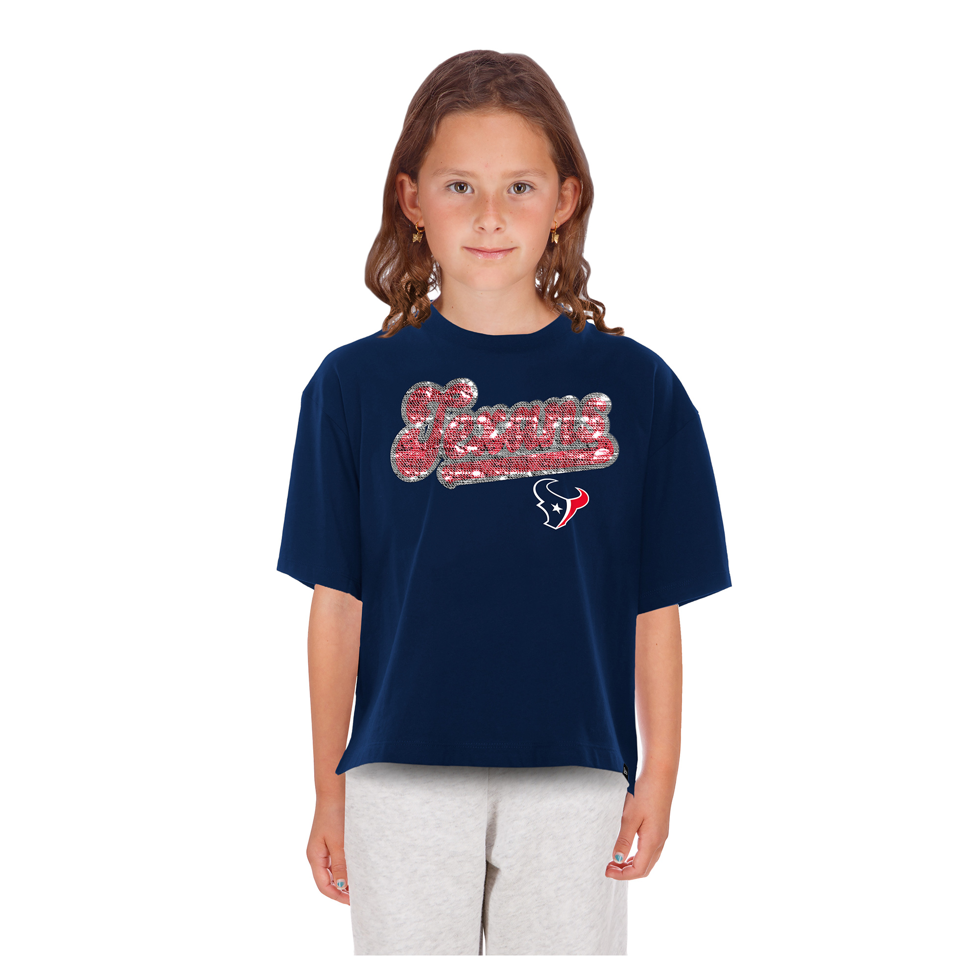 Girls Youth New Era Navy Houston Texans Flip Sequin Boxy T-Shirt