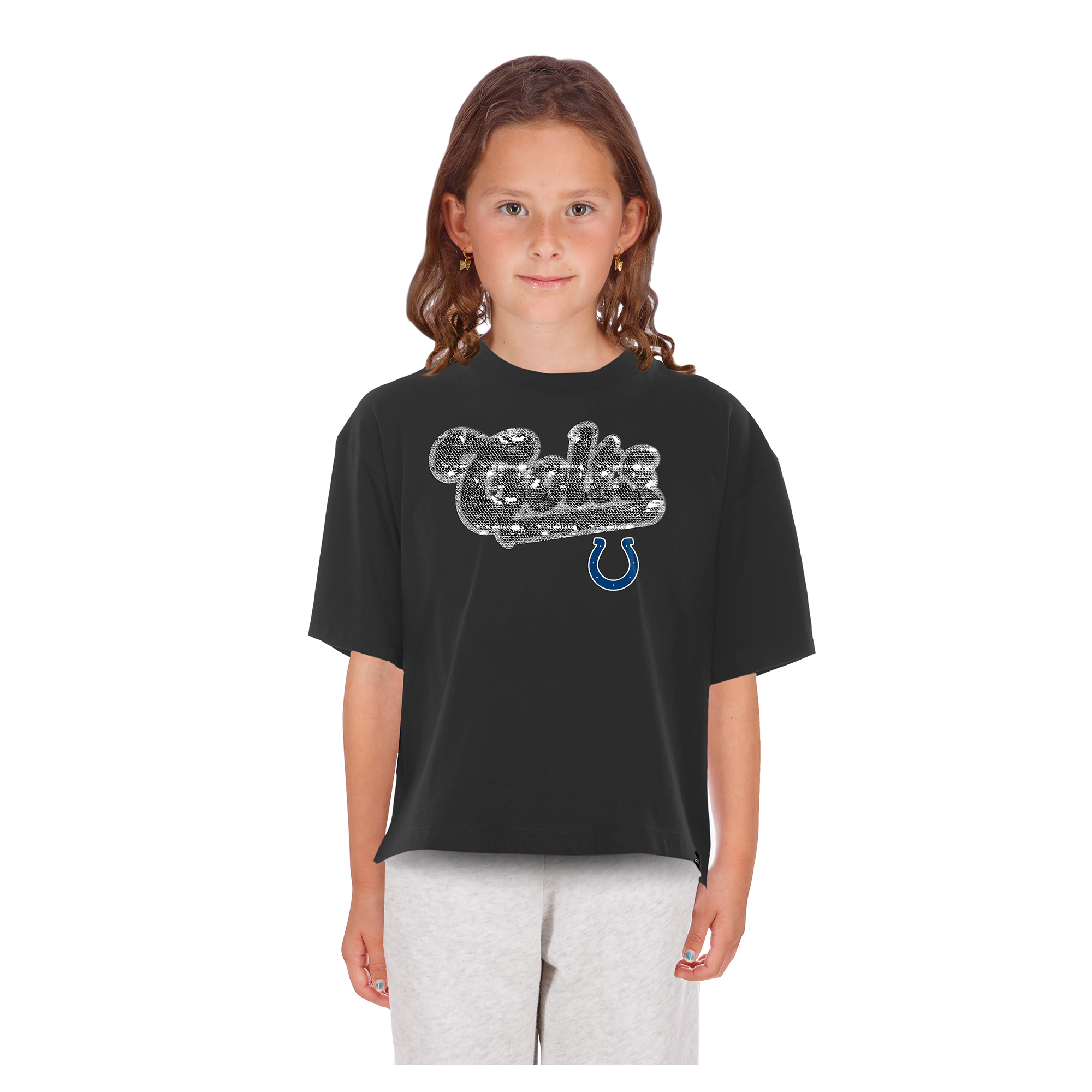 Girls Youth New Era  Black Indianapolis Colts Flip Sequin Boxy T-Shirt