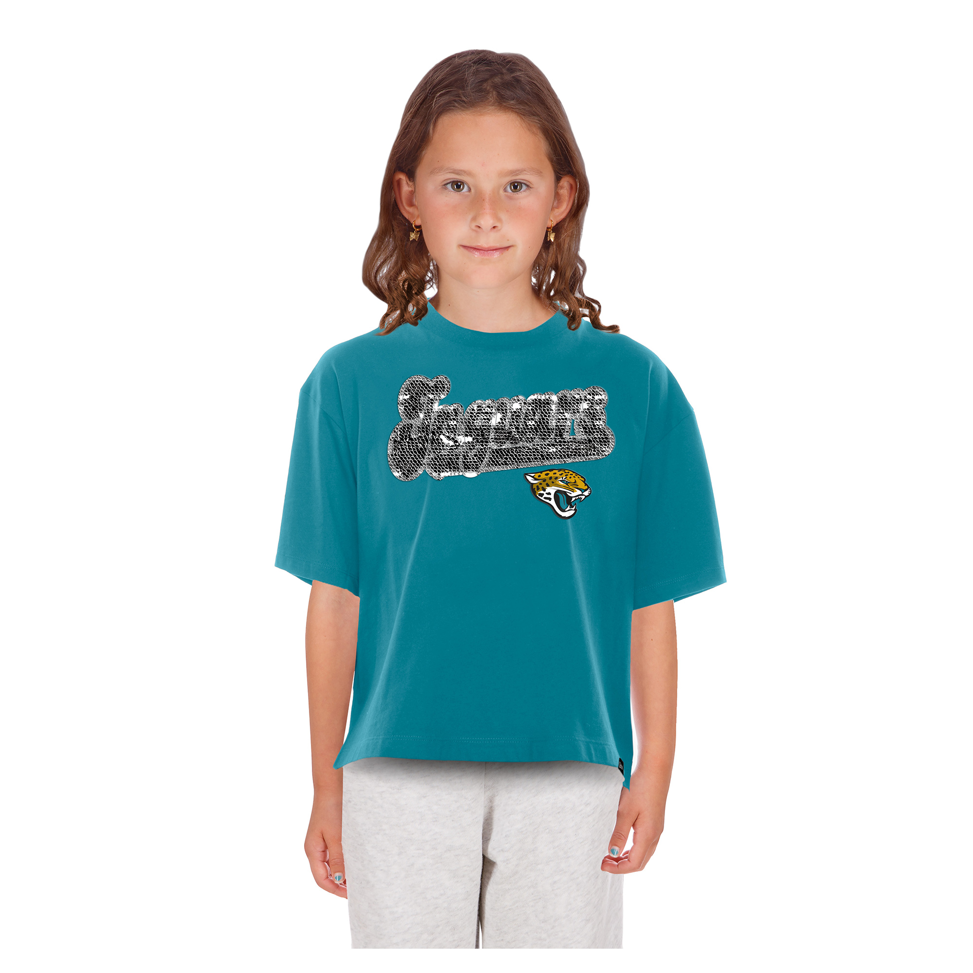 Girls Youth New Era  Teal Jacksonville Jaguars Flip Sequin Boxy T-Shirt