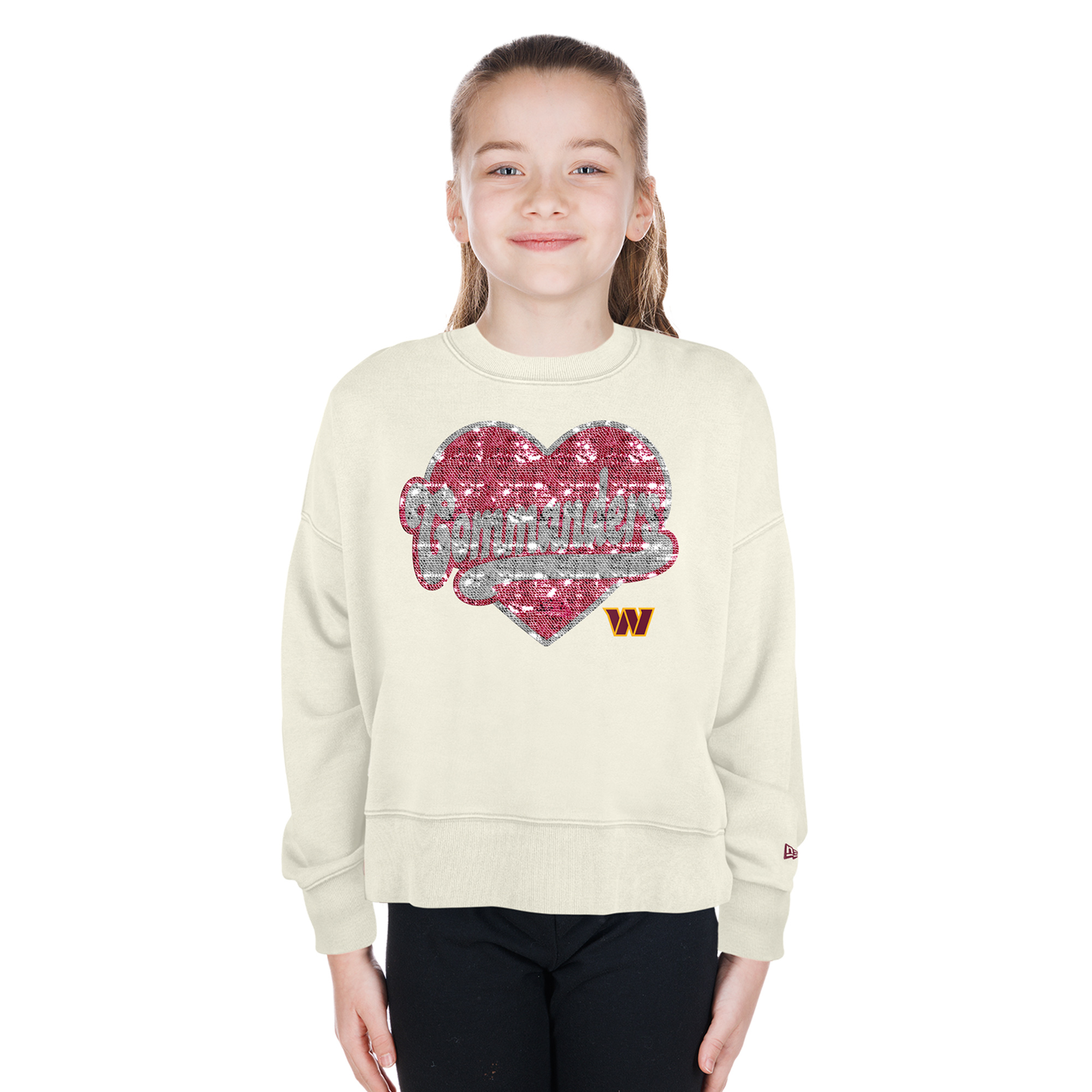 Girls Youth New Era  Light Beige Washington Commanders Flip Sequin Crewneck Sweatshirt