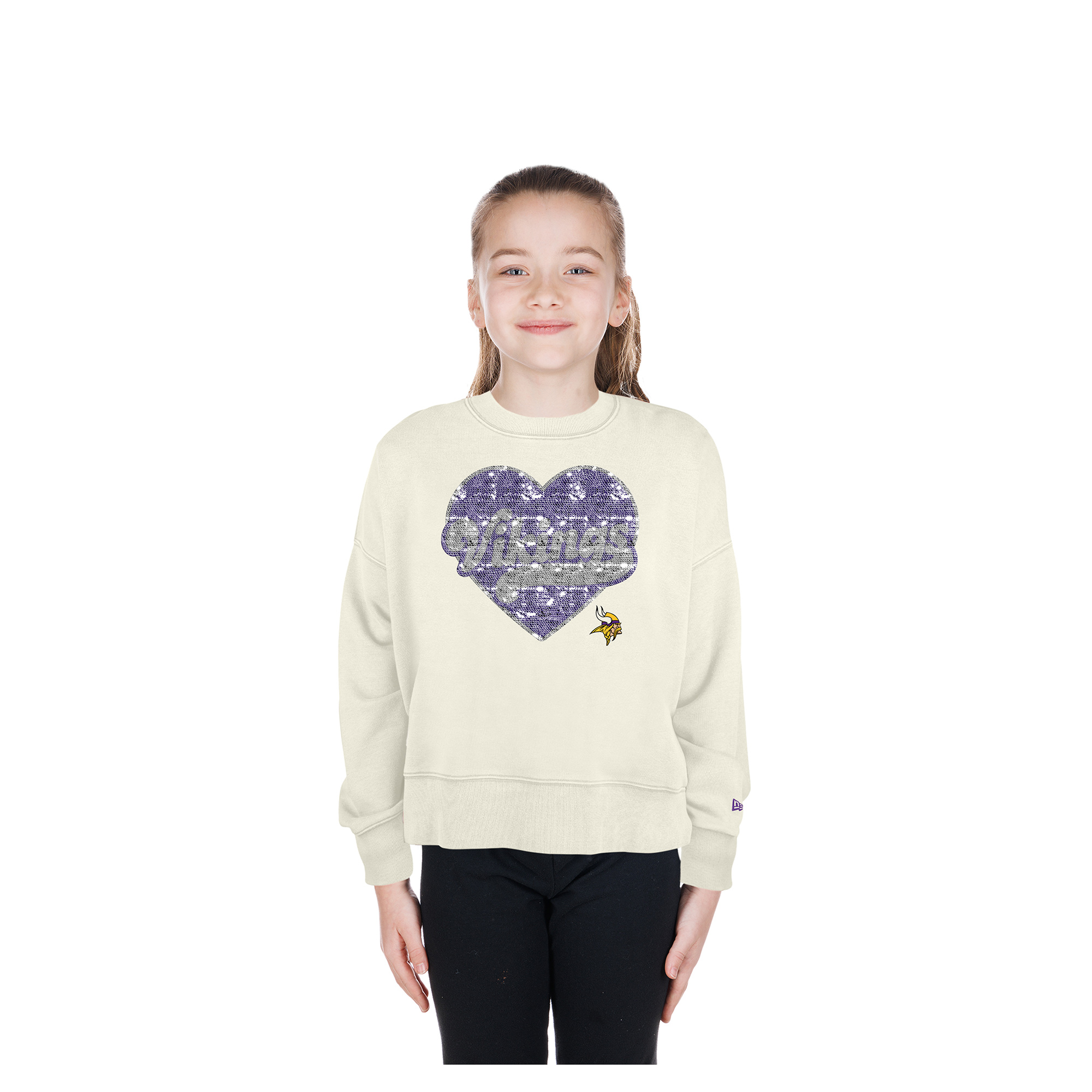 Girls Youth New Era Light Beige Minnesota Vikings Flip Sequin Crewneck Sweatshirt