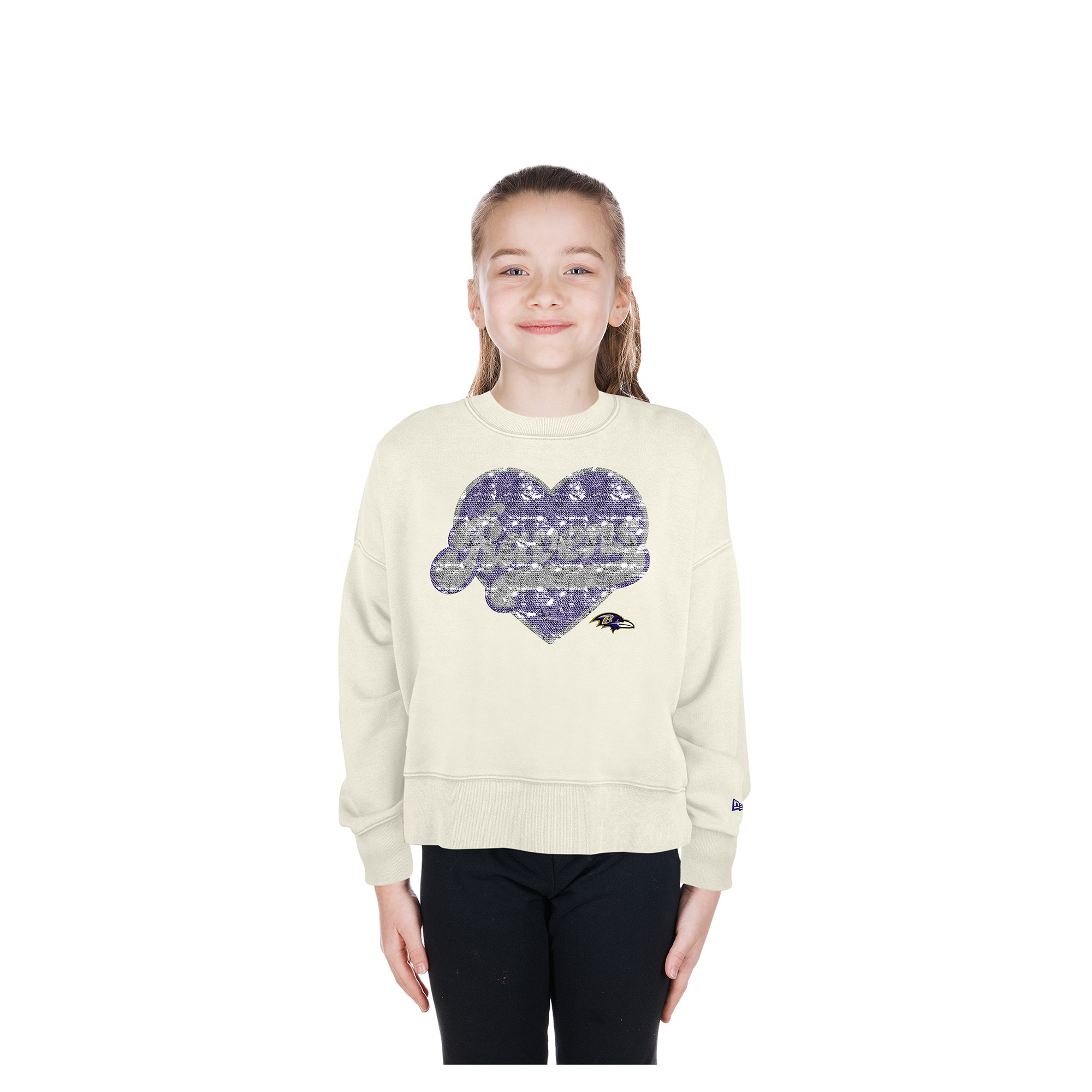 Girls Youth New Era  Light Beige Baltimore Ravens Flip Sequin Crewneck Sweatshirt