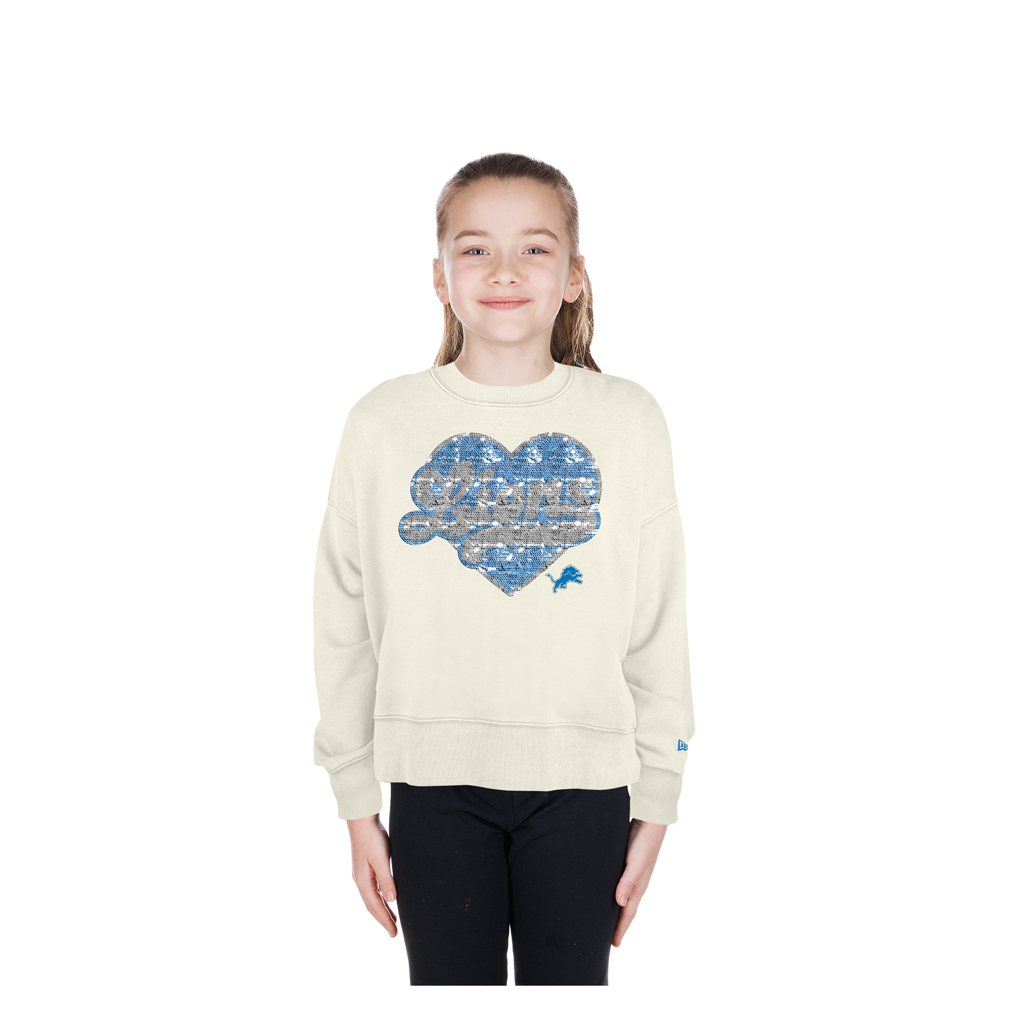 Girls Youth New Era Light Beige Detroit Lions Flip Sequin Crewneck Sweatshirt