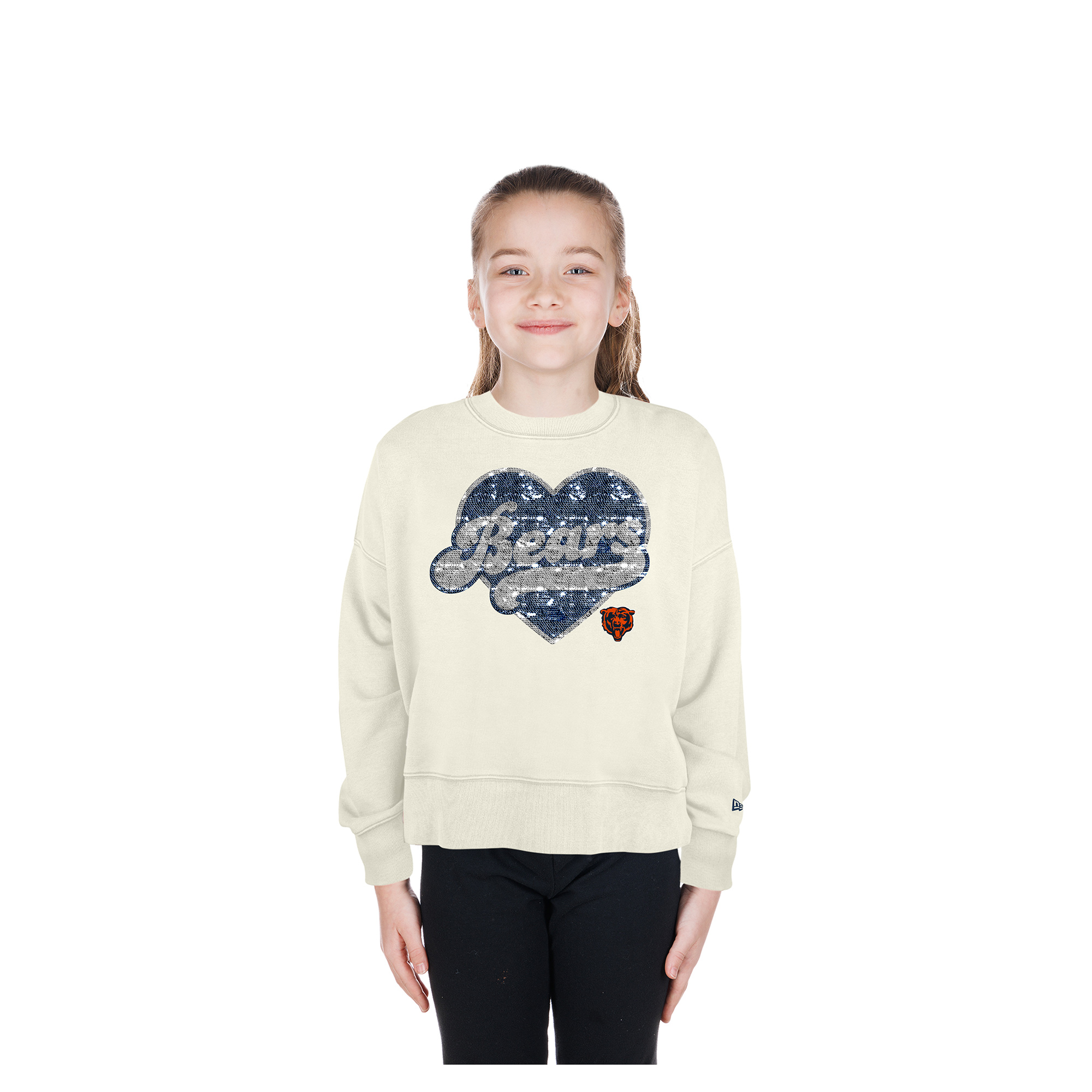 Girls Youth New Era Light Beige Chicago Bears Flip Sequin Crewneck Sweatshirt