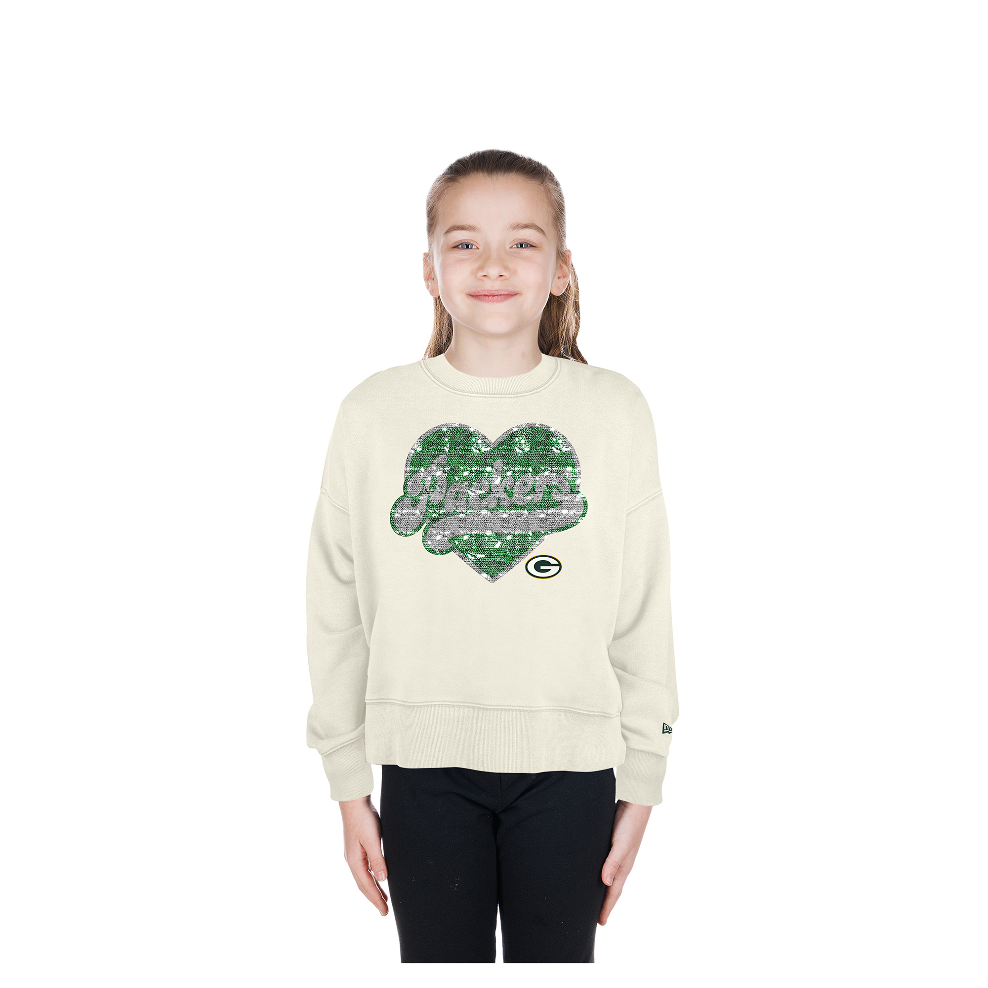Girls Youth New Era  Light Beige Green Bay Packers Flip Sequin Crewneck Sweatshirt