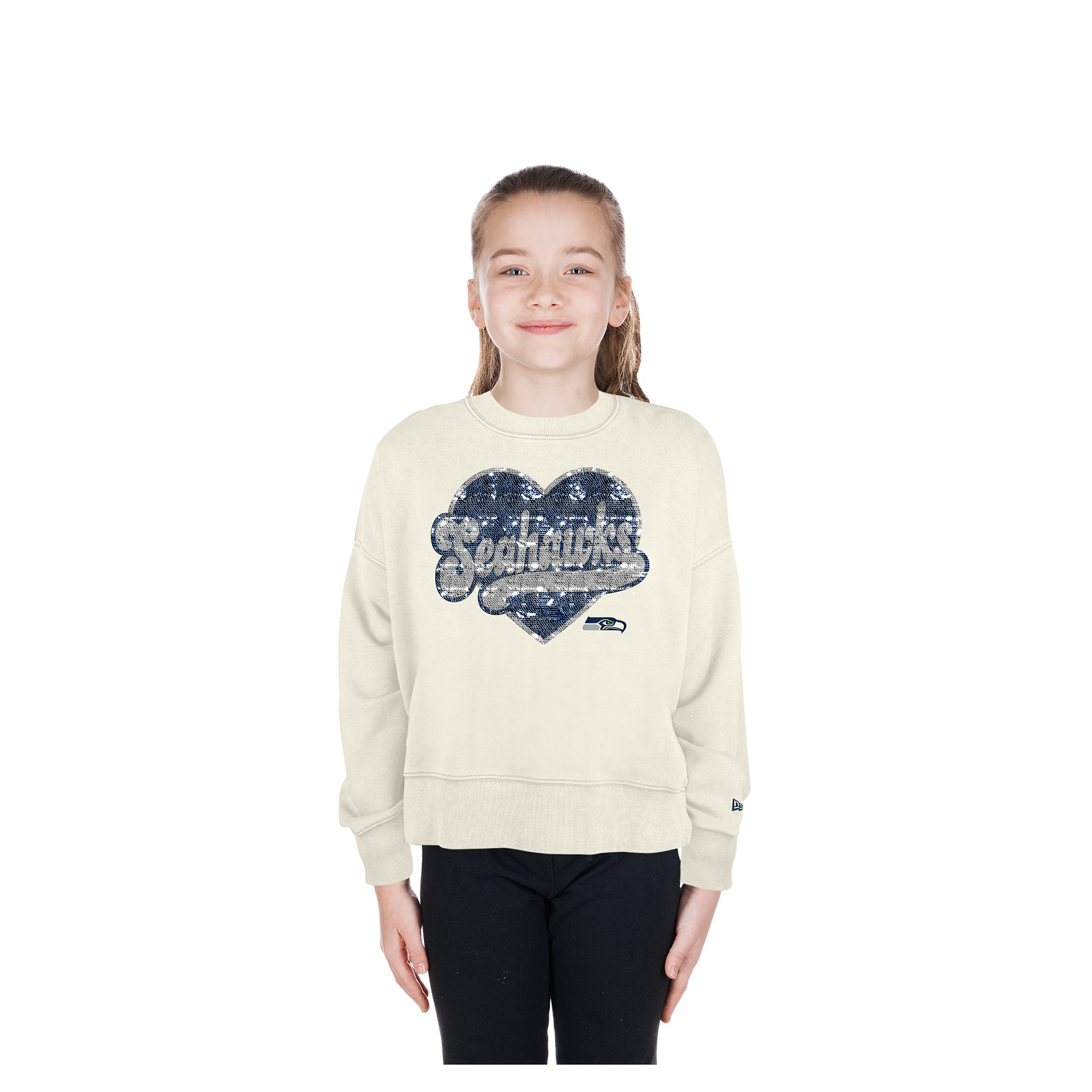 Girls Youth New Era Light Beige Seattle Seahawks Flip Sequin Crewneck Sweatshirt