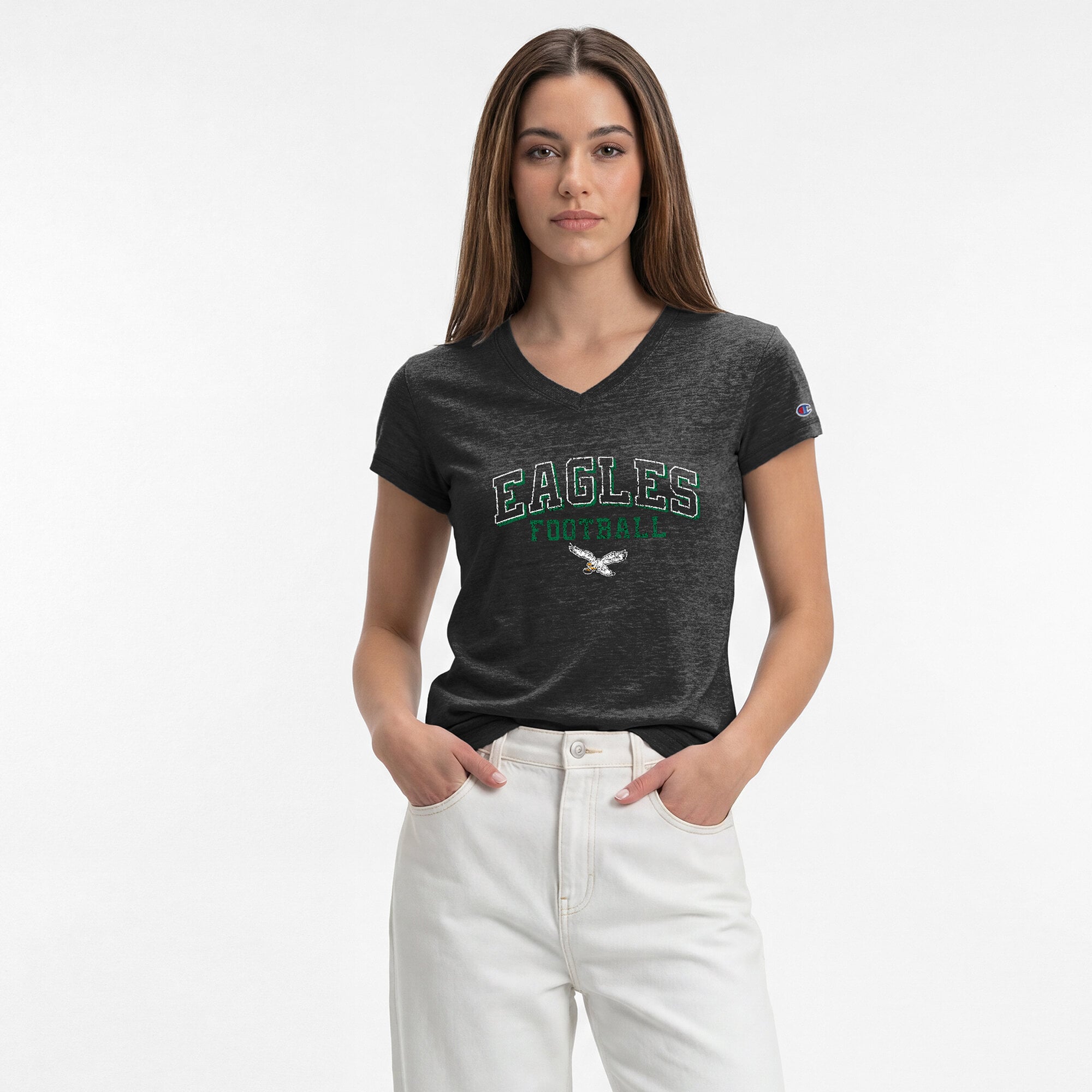 Women's Champion Black Philadelphia Eagles Triumph Tri-Blend V-Neck T-Shirt