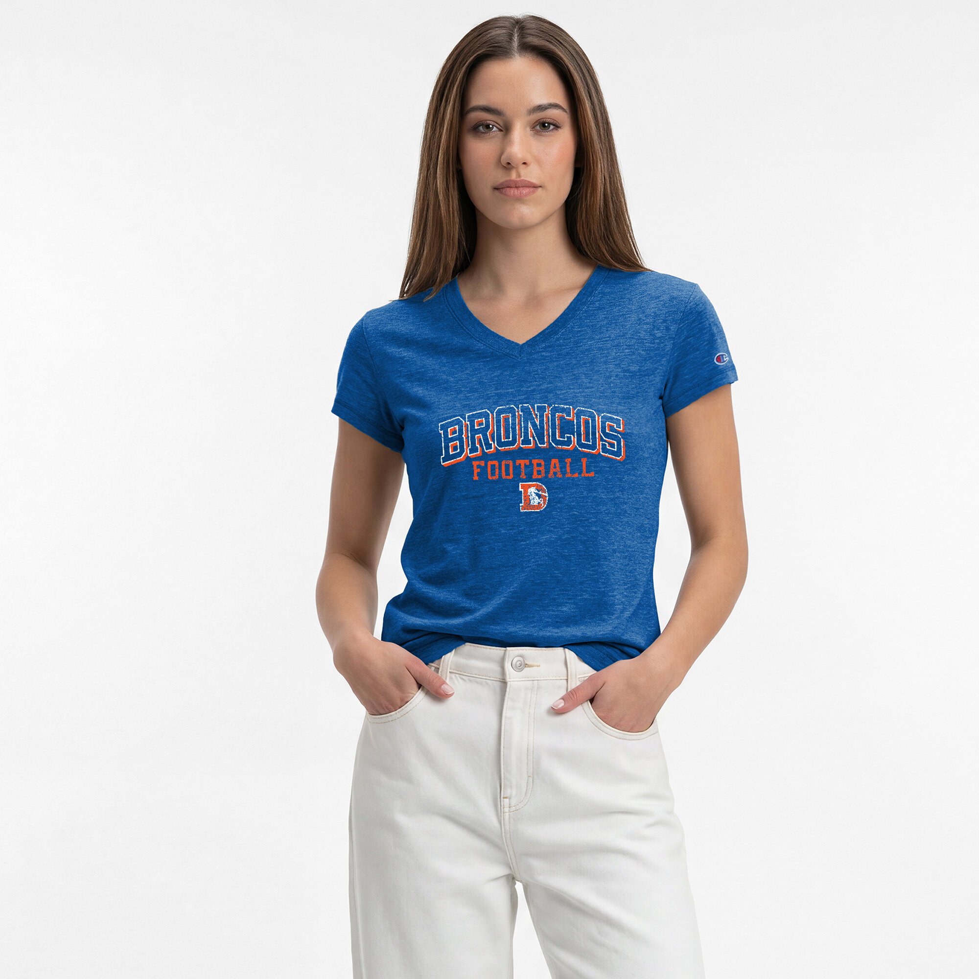 Women's Champion Royal Denver Broncos Triumph Tri-Blend V-Neck T-Shirt