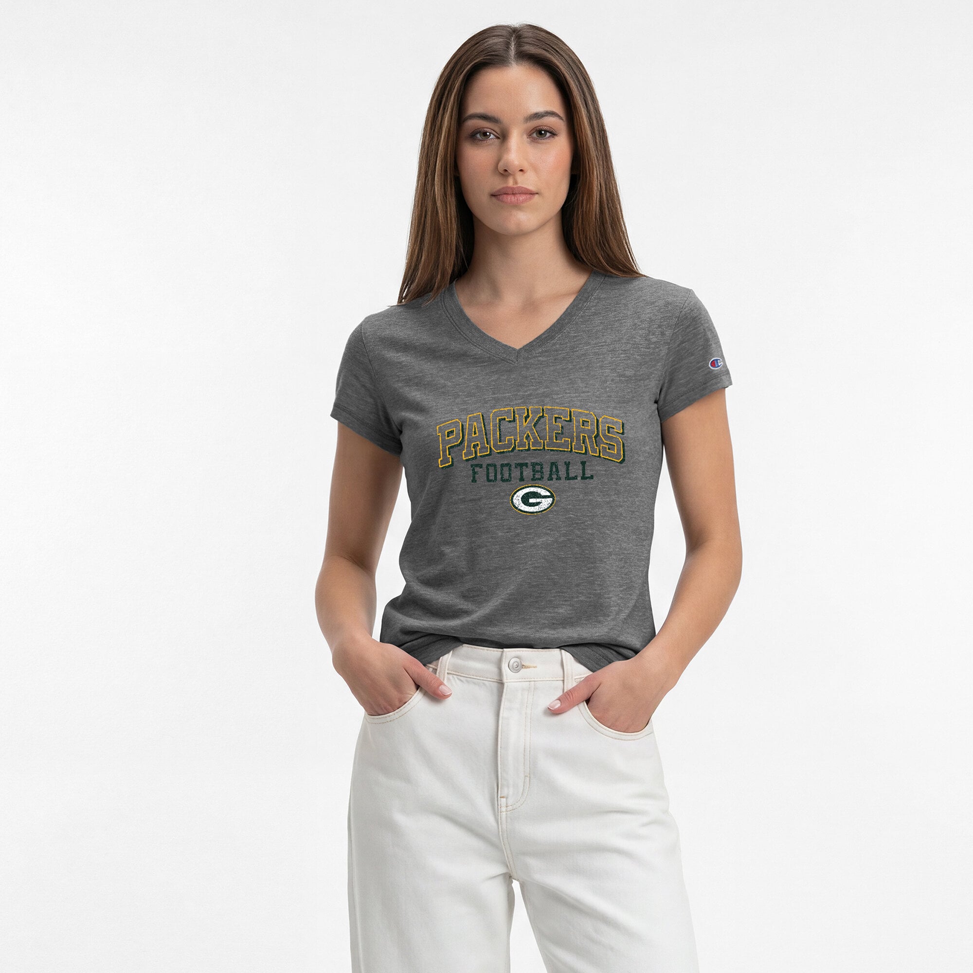 Women's Champion Gray Green Bay Packers Triumph Tri-Blend V-Neck T-Shirt