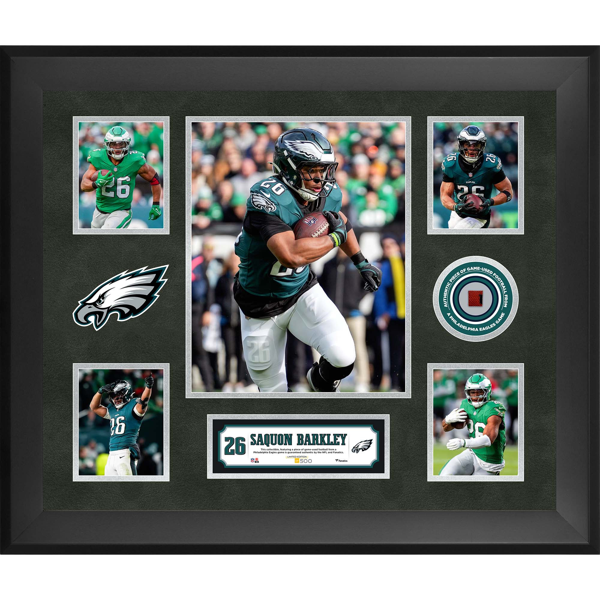Saquon Barkley Philadelphia Eagles Framed 20" x 24" 5-Photo Collage with a Piece of Game-Used Football - Limited Edition of 500