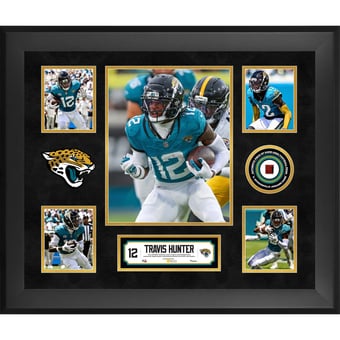 Travis Hunter Jacksonville Jaguars Framed 20" x 24" 5-Photo Collage with a Piece of Game-Used Football - Limited Edition of 500