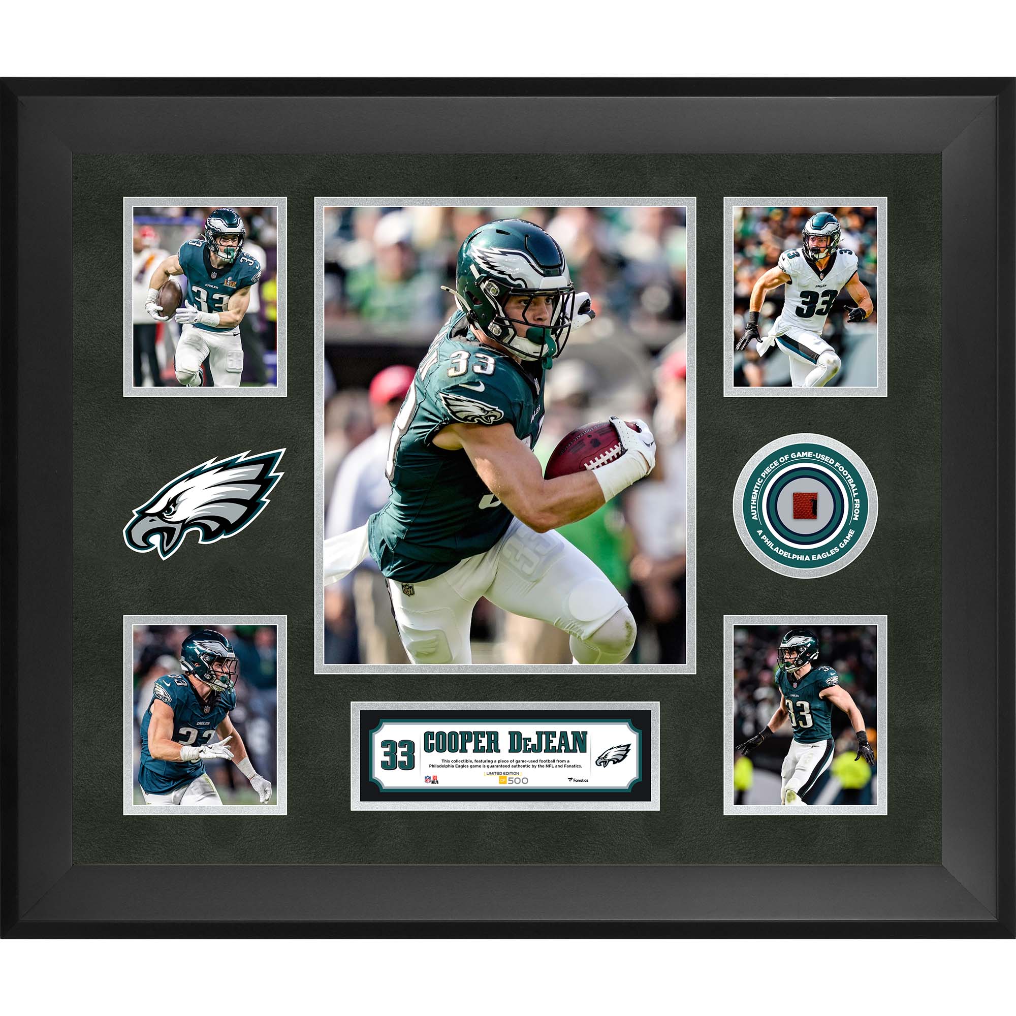 Cooper DeJean Philadelphia Eagles Framed 20" x 24" 5-Photo Collage with a Piece of Game-Used Football - Limited Edition of 500