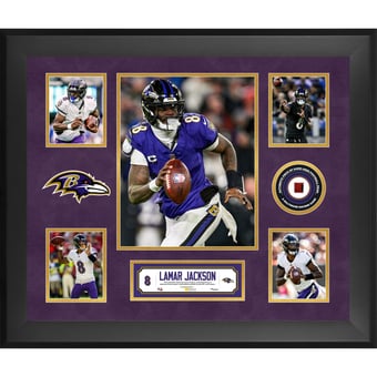Lamar Jackson Baltimore Ravens Framed 20" x 24" 5-Photo Collage with a Piece of Game-Used Football - Limited Edition of 500