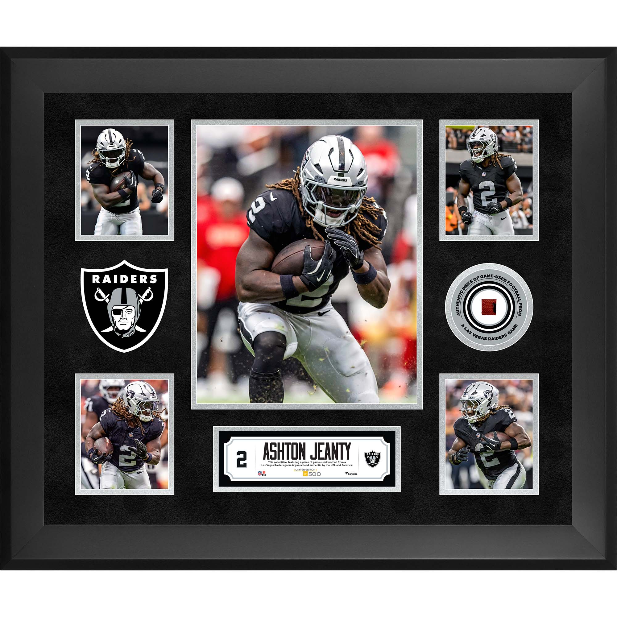 Ashton Jeanty Las Vegas Raiders Framed 20" x 24" 5-Photo Collage with a Piece of Game-Used Football - Limited Edition of 500
