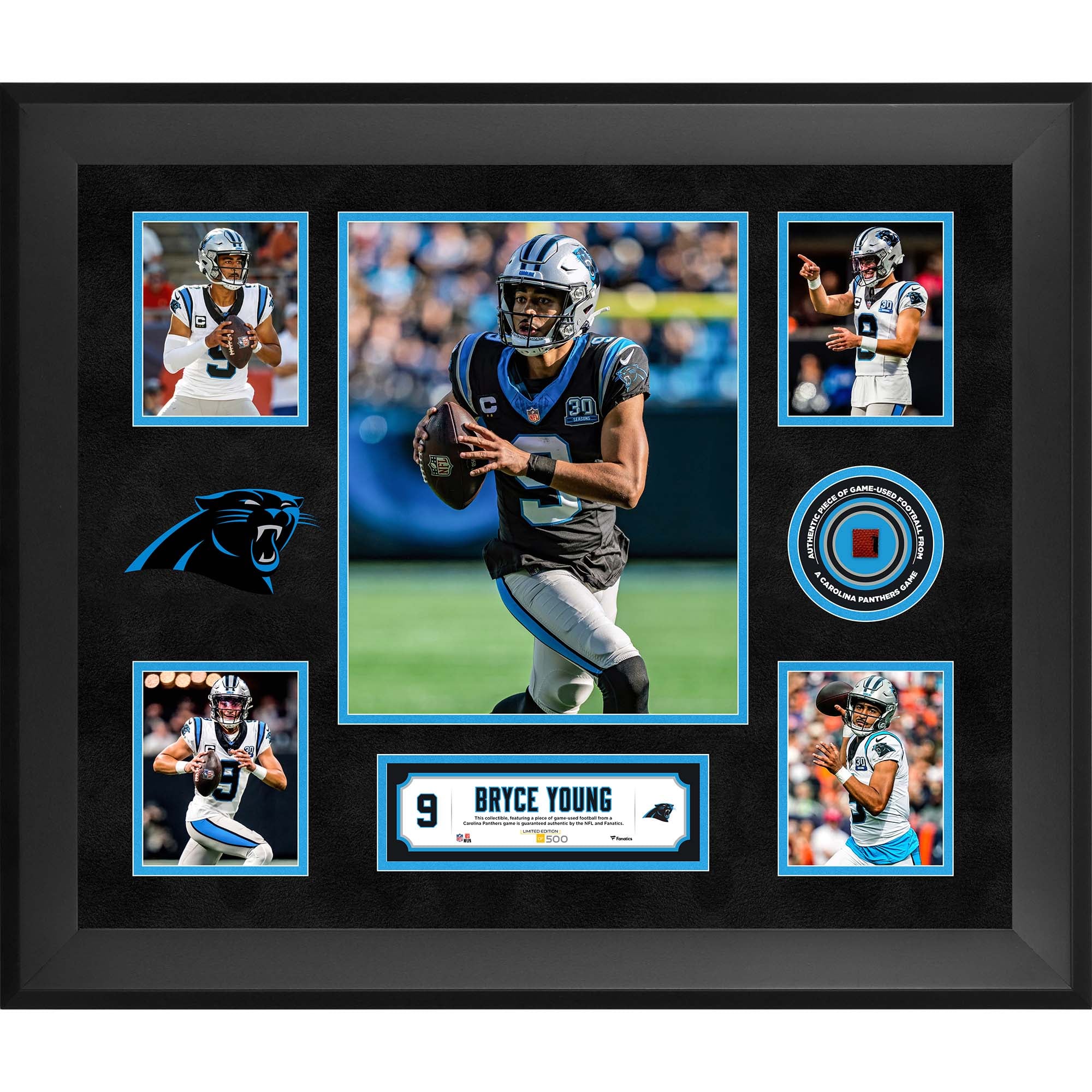 Bryce Young Carolina Panthers Framed 20" x 24" 5-Photo Collage with a Piece of Game-Used Football - Limited Edition of 500
