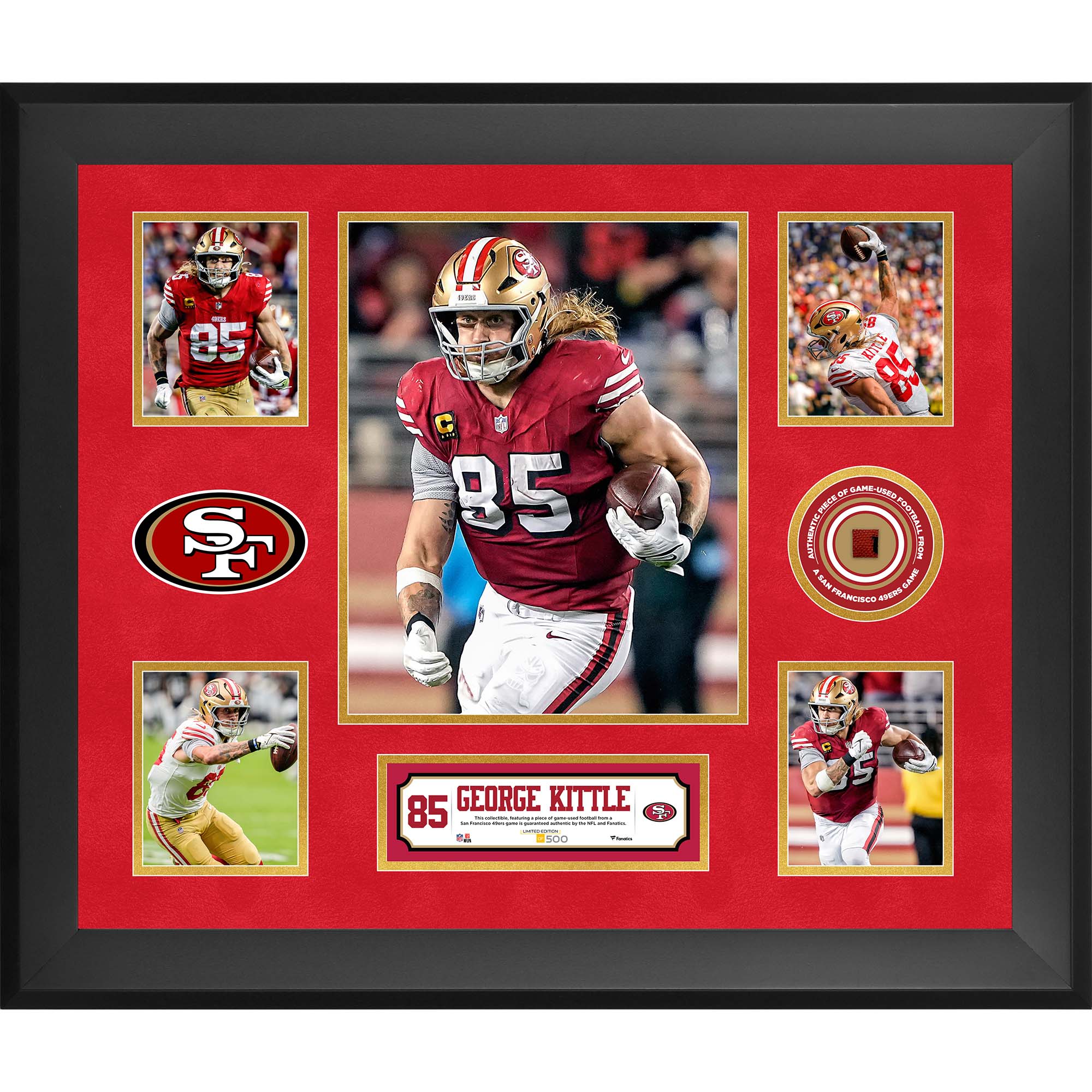 George Kittle San Francisco 49ers Framed 20" x 24" 5-Photo Collage with a Piece of Game-Used Football - Limited Edition of 500
