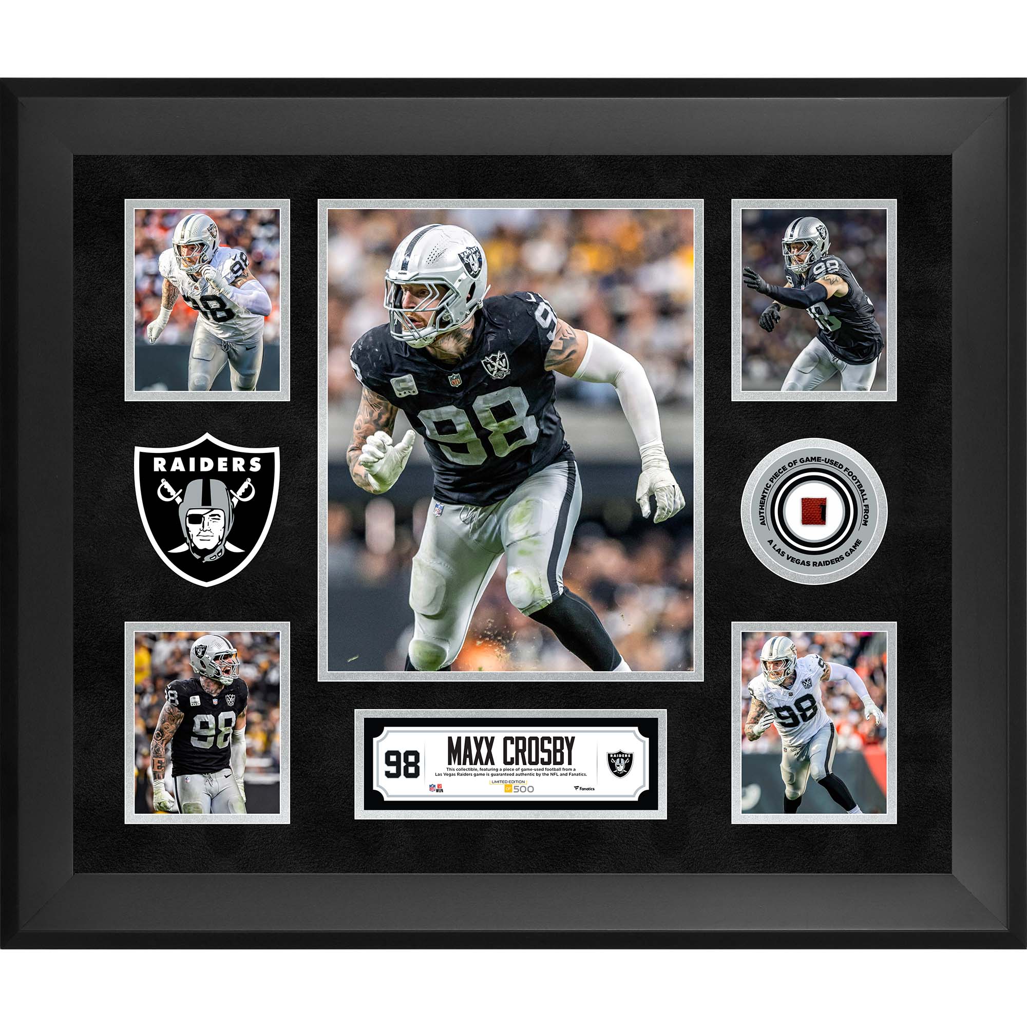 Maxx Crosby Las Vegas Raiders Framed 20" x 24" 5-Photo Collage with a Piece of Game-Used Football - Limited Edition of 500