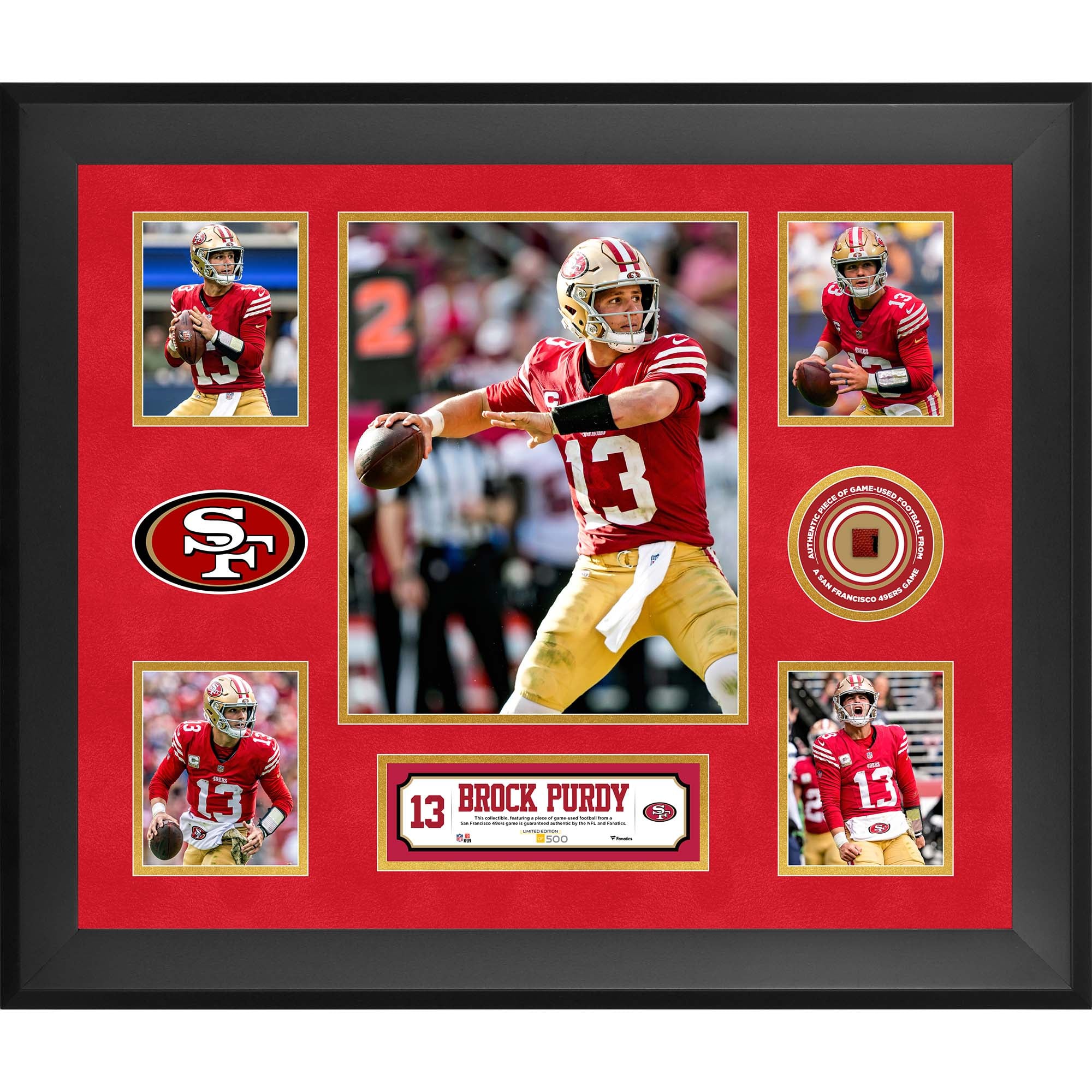 Brock Purdy San Francisco 49ers Framed 20" x 24" 5-Photo Collage with a Piece of Game-Used Football - Limited Edition of 500