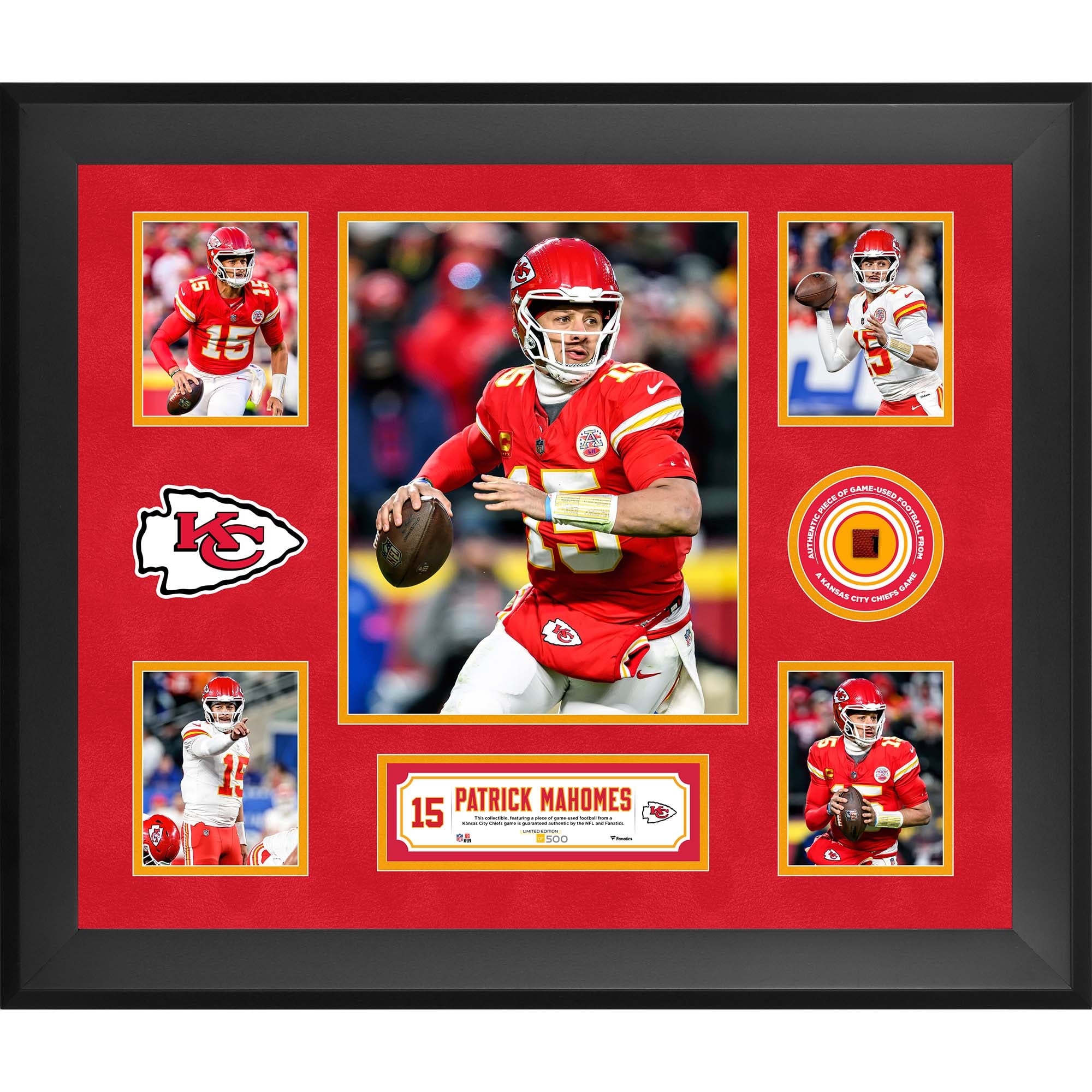 Patrick Mahomes Kansas City Chiefs Framed 20" x 24" 5-Photo Collage with a Piece of Game-Used Football - Limited Edition of 500