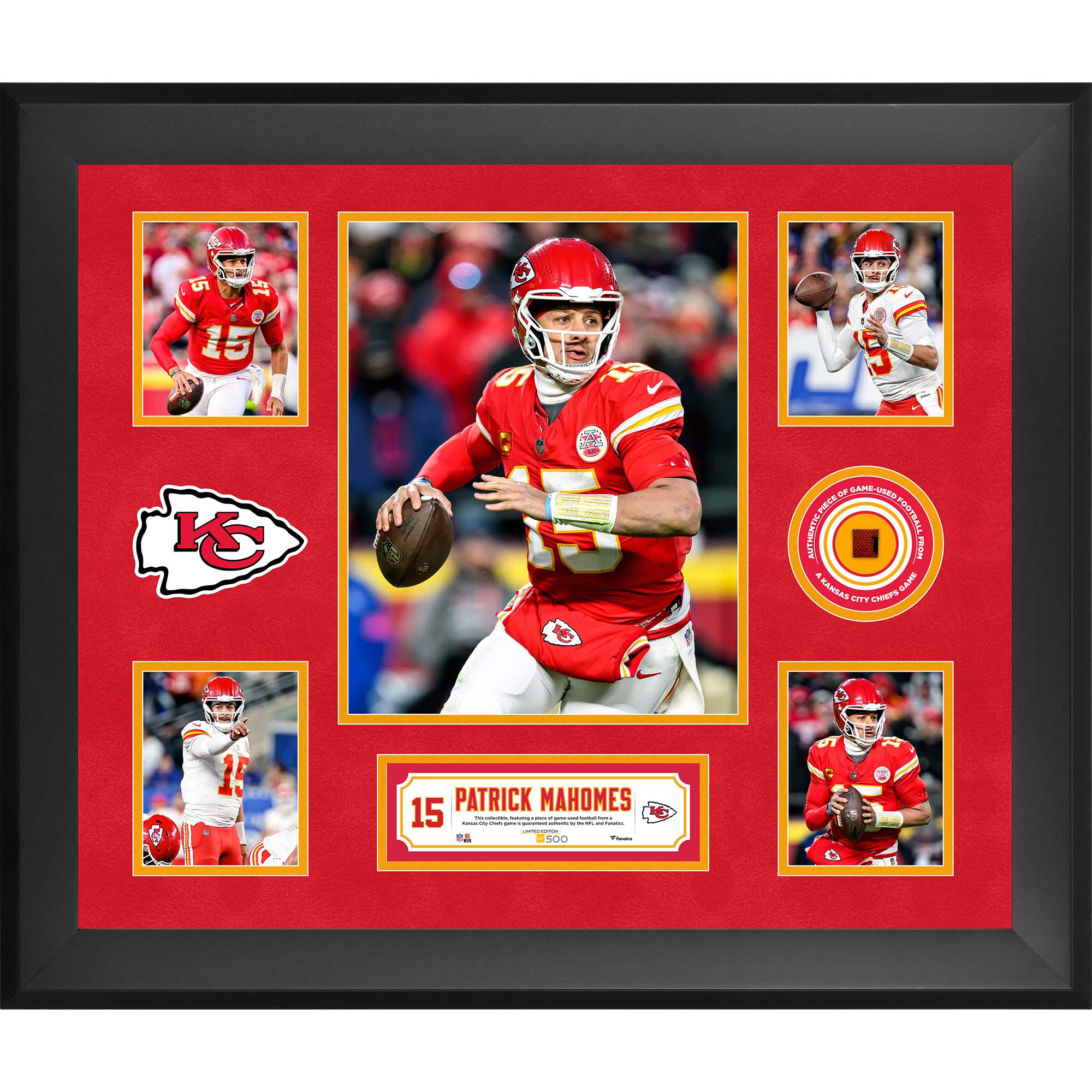 Patrick Mahomes Kansas City Chiefs Framed 20" x 24" 5-Photo Collage with a Piece of Game-Used Football - Limited Edition of 500