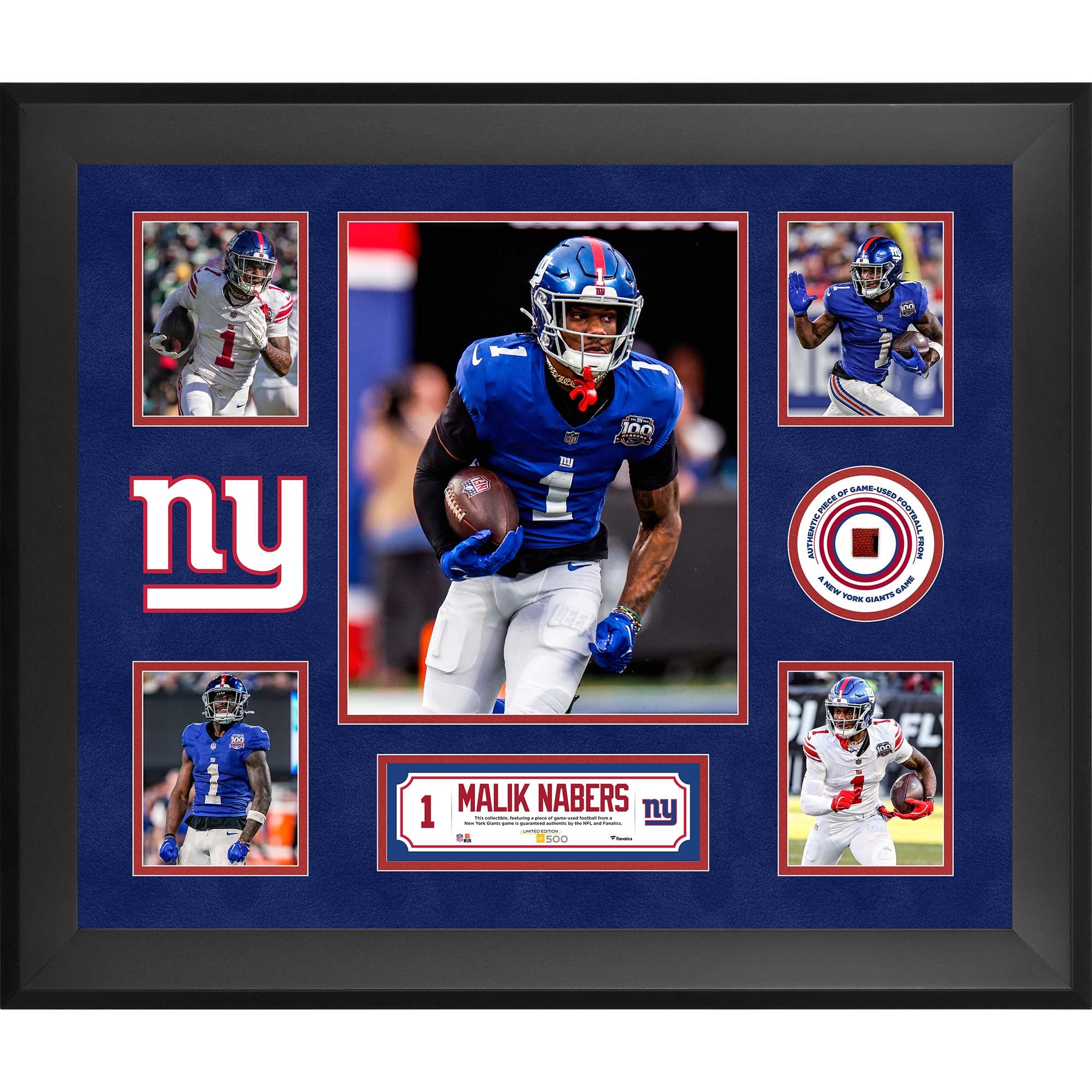 Malik Nabers New York Giants Framed 20" x 24" 5-Photo Collage with a Piece of Game-Used Football - Limited Edition of 500