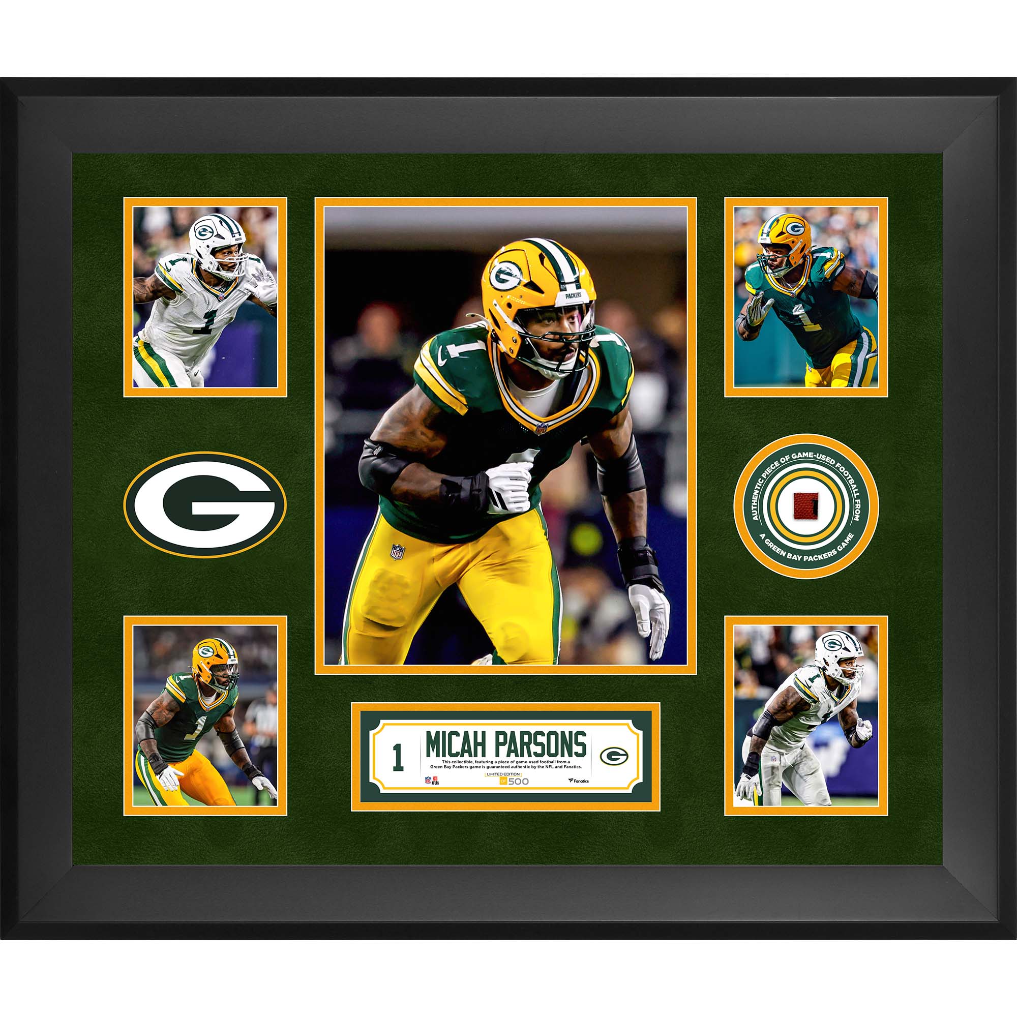 Micah Parsons Green Bay Packers Framed 20" x 24" 5-Photo Collage with a Piece of Game-Used Football - Limited Edition of 500